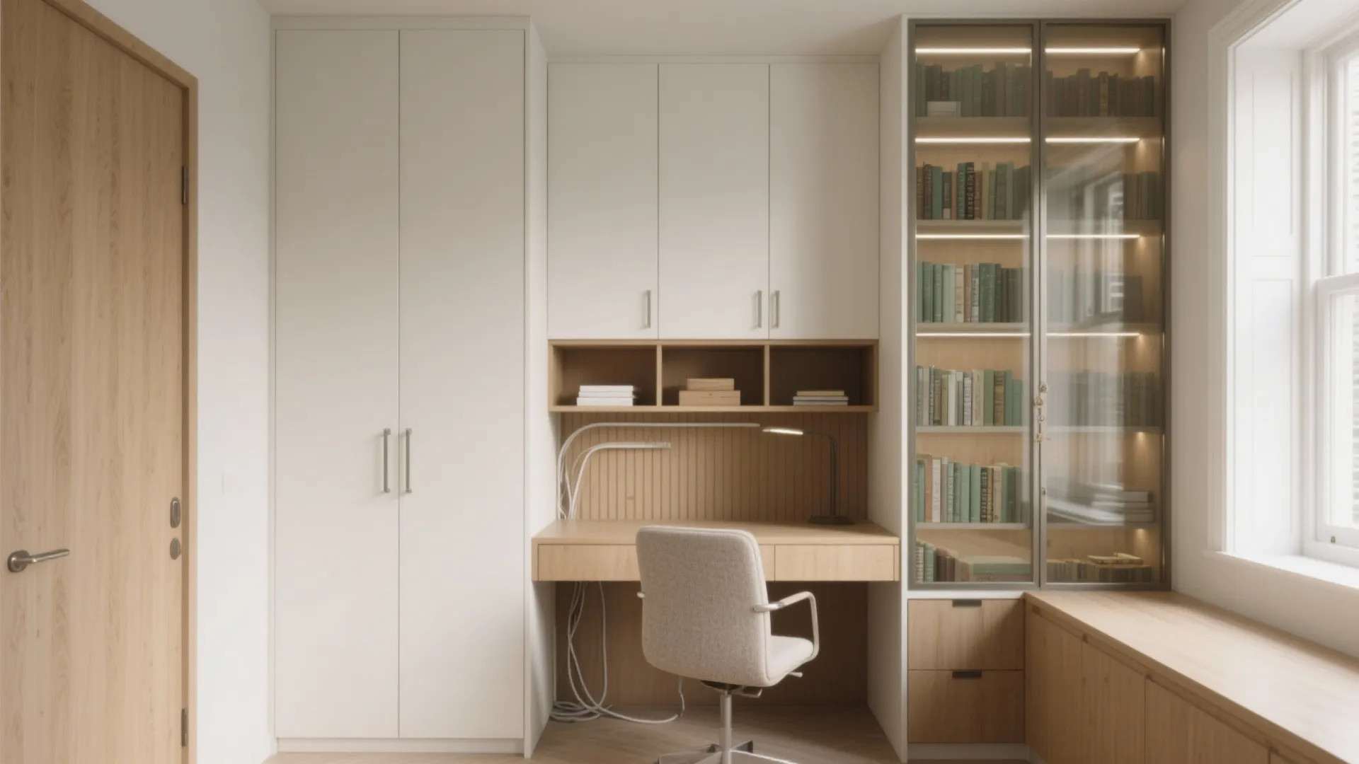 Compact home office with white cabinets wooden desk grey chair and glass door book cabinet