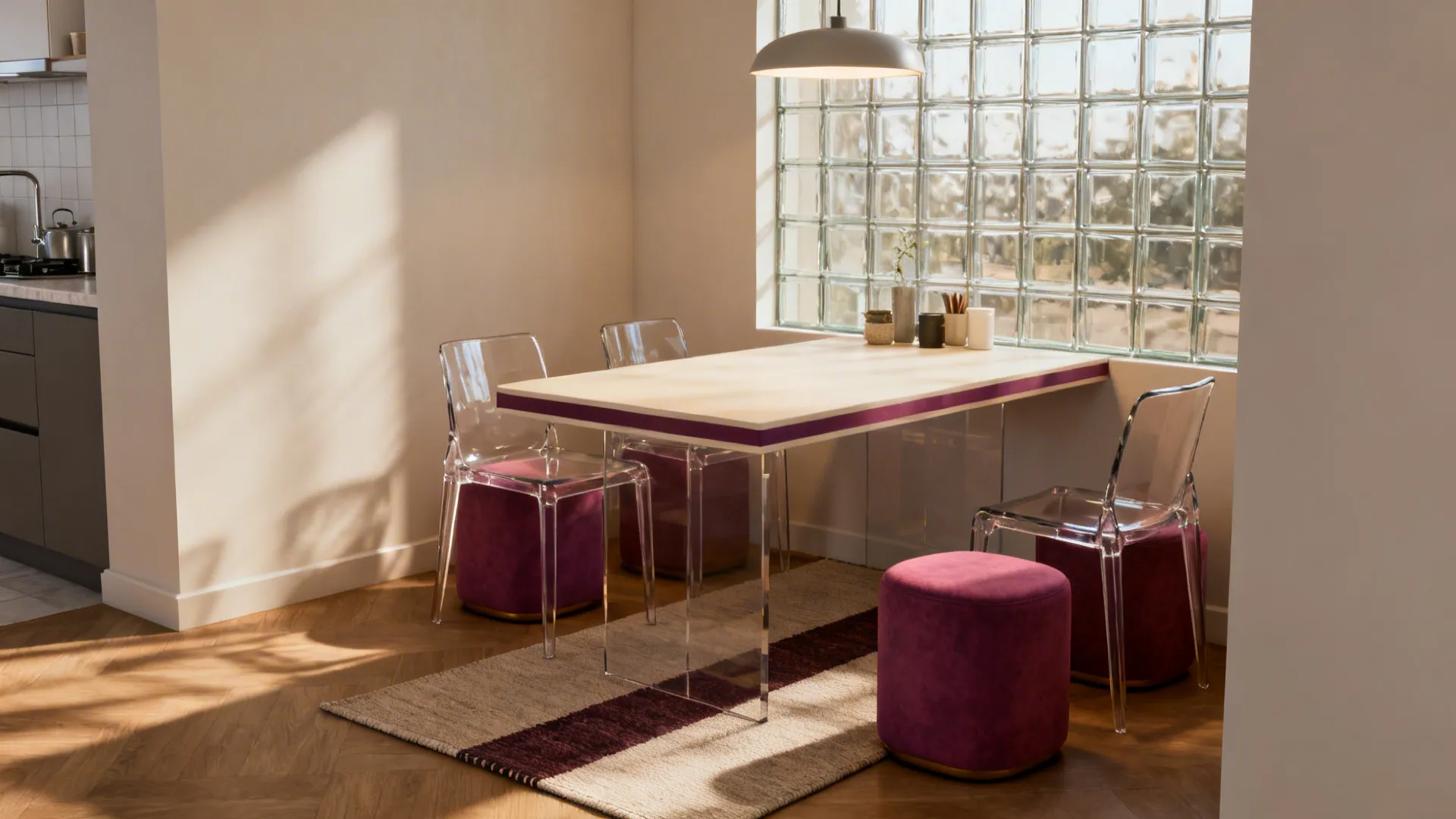 Light, visually airy small kitchen nook with transparent seating, slim rug, and compact pendant.