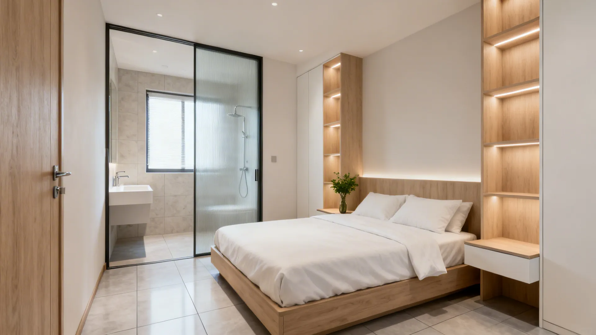 Modern bedroom with wood bed, white linens, built-in light shelves, and glass door to bathroom