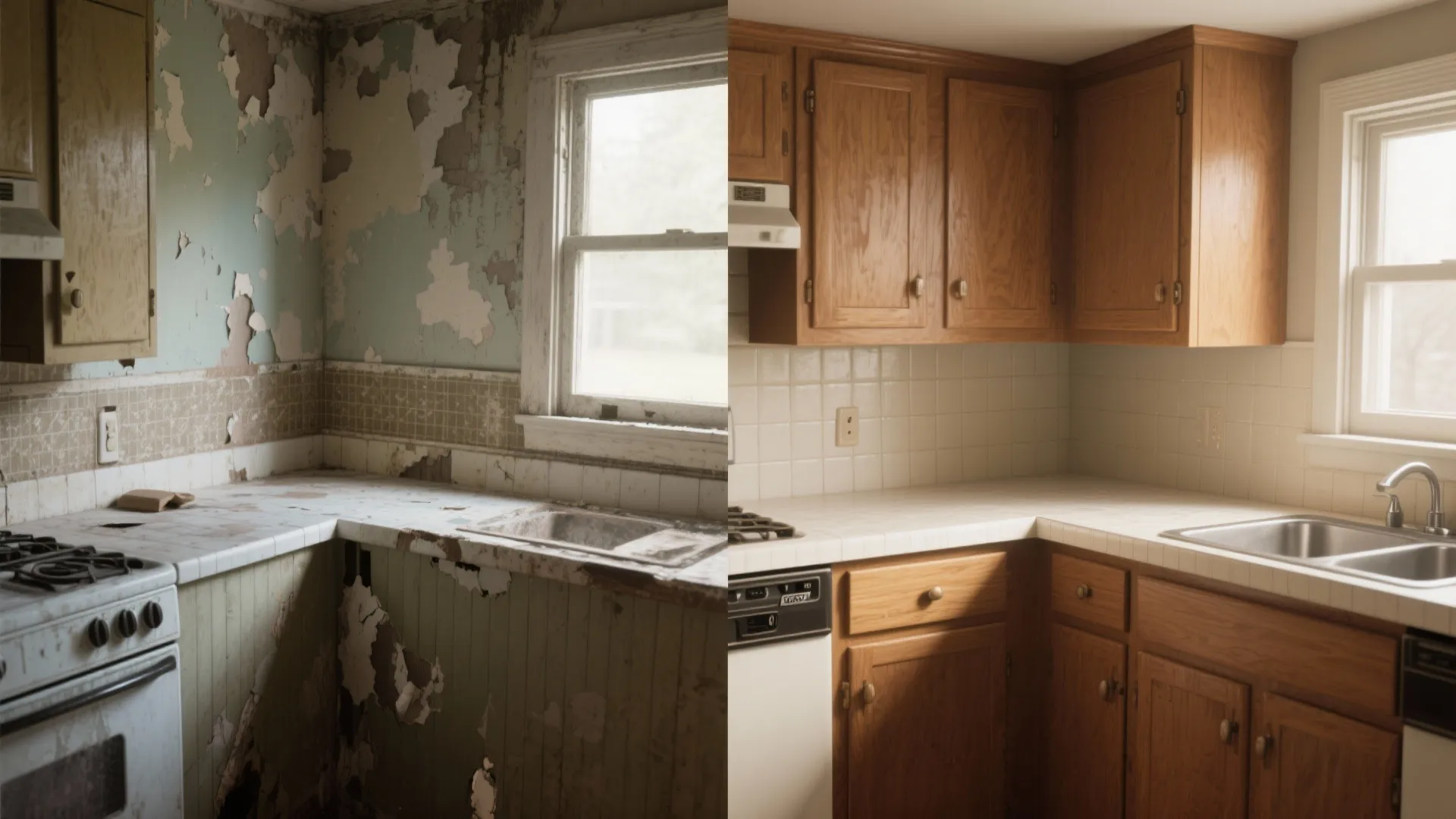 Before and after comparison showing old kitchen versus new renovated space with clean wooden cabinets