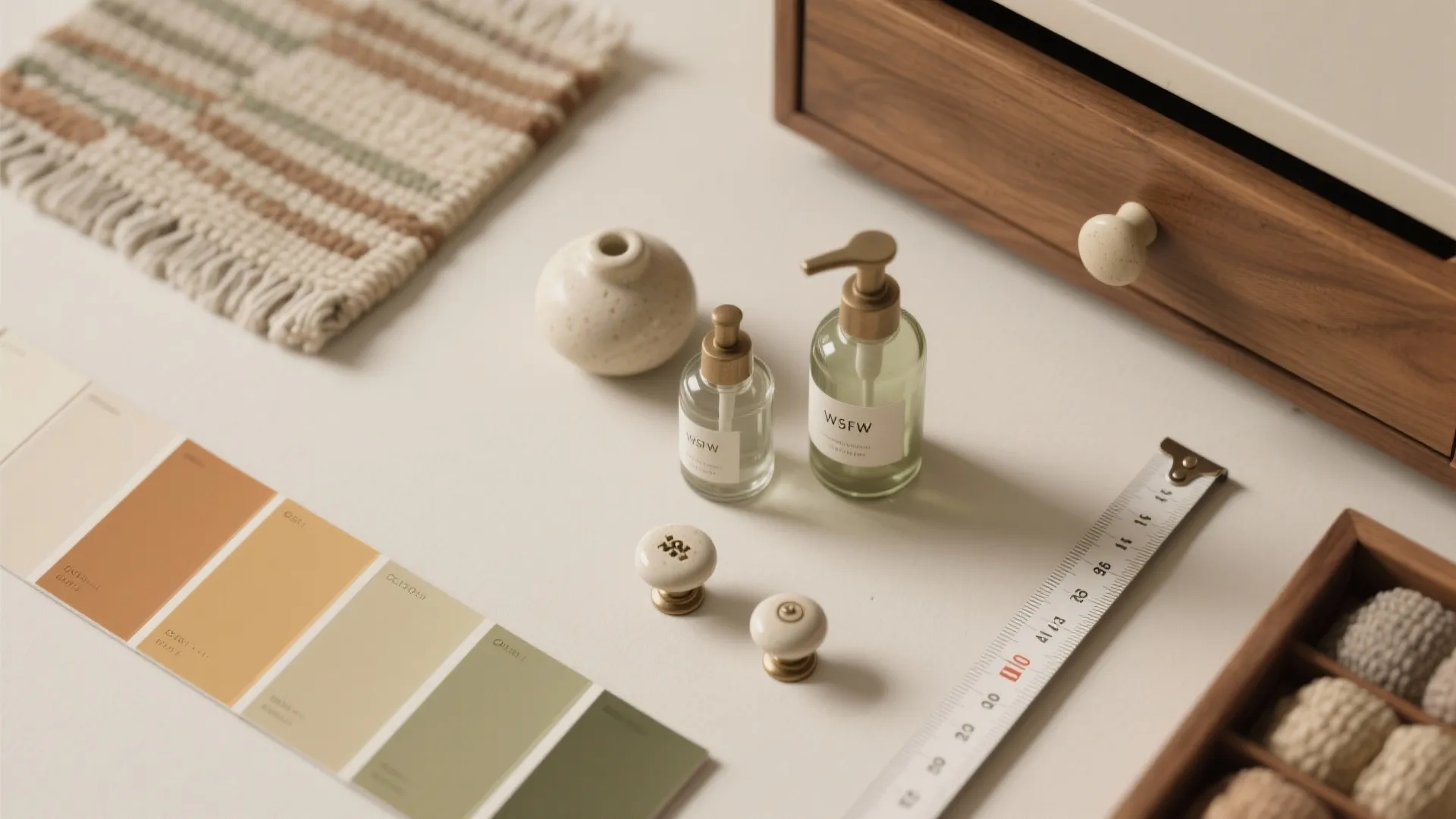 Interior design flat lay with color swatches glass bottles wooden drawer knobs and a measuring tape