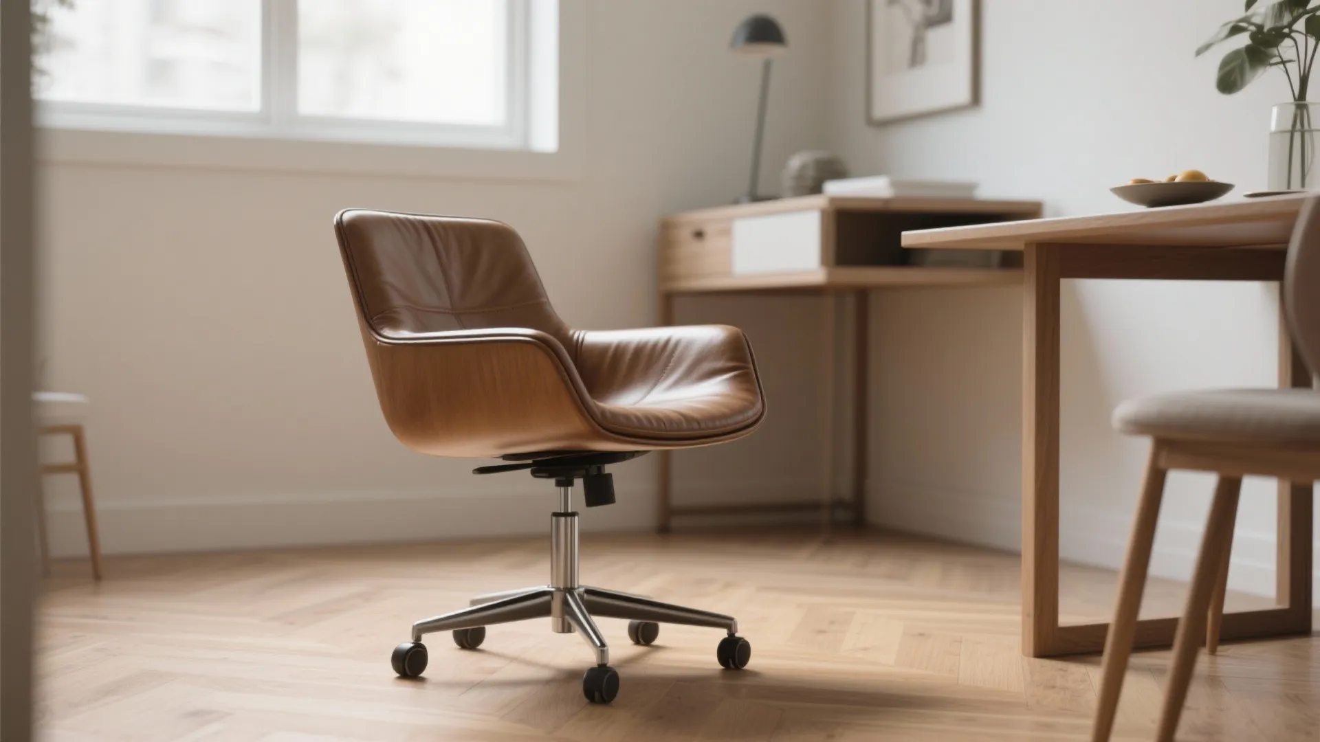 Modern brown leather office chair with wheels in a bright home office with wooden desk