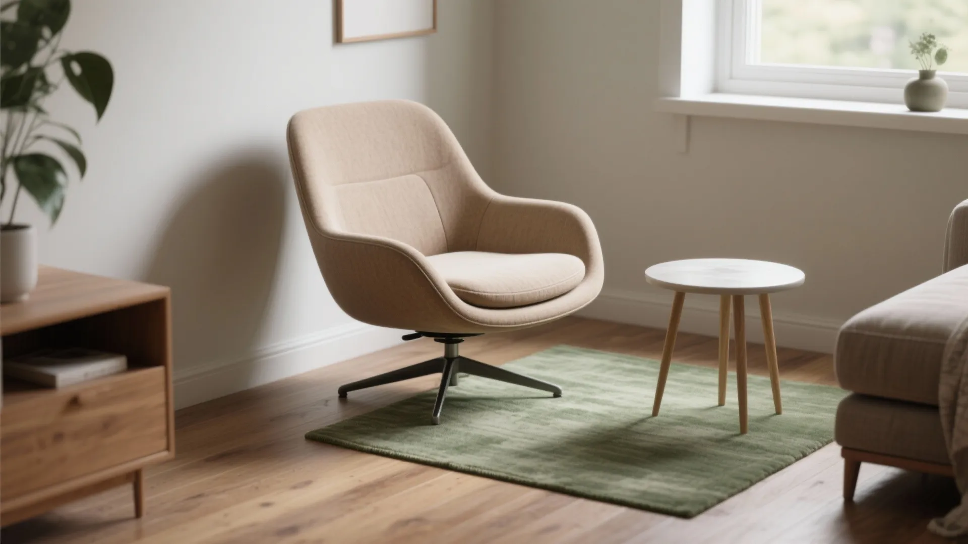 Beige swivel chair on green rug next to a white side table and wooden storage cabinet