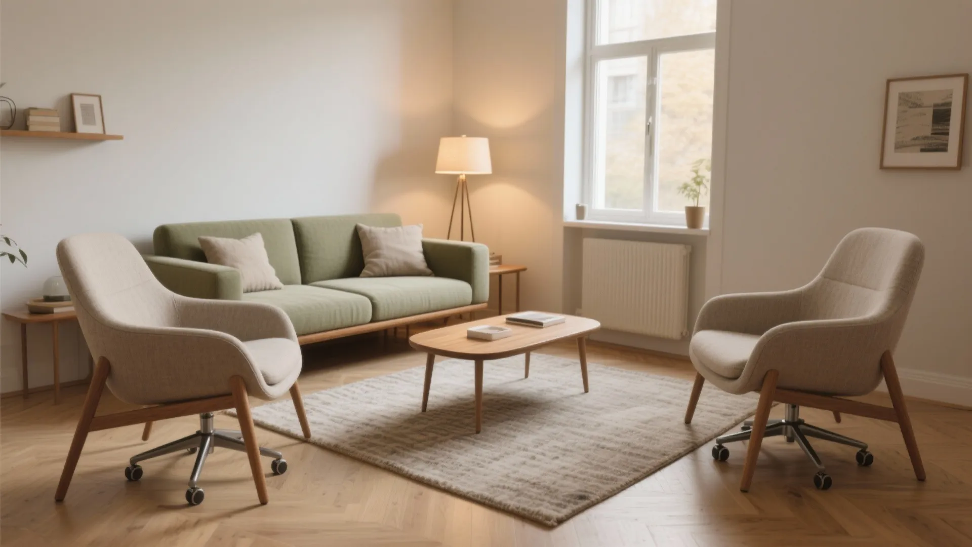 Modern living room with green sofa wooden coffee table two beige chairs and natural light