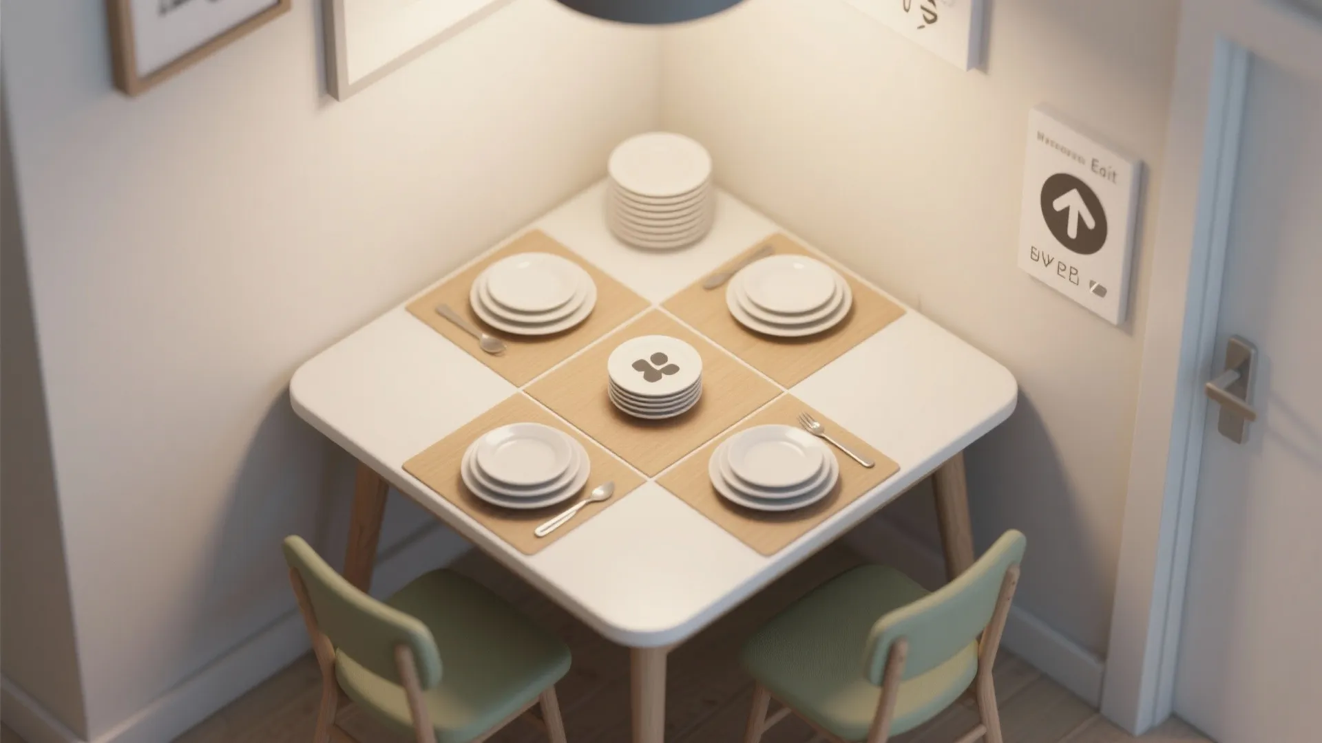 Small white square dining table with four place settings green chairs and warm overhead ceiling light