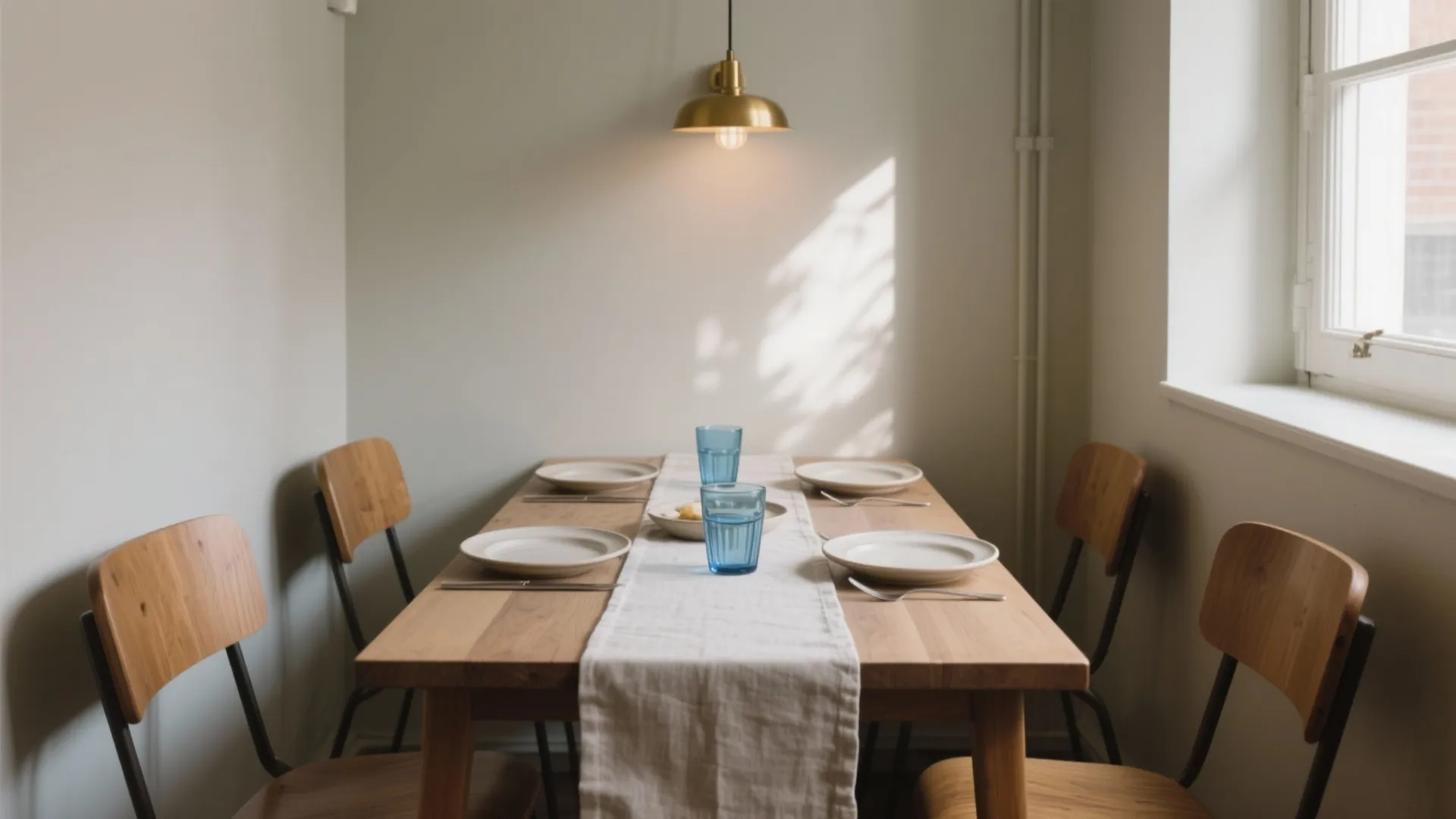 Wooden dining table set with white plates blue glasses table runner and gold ceiling light