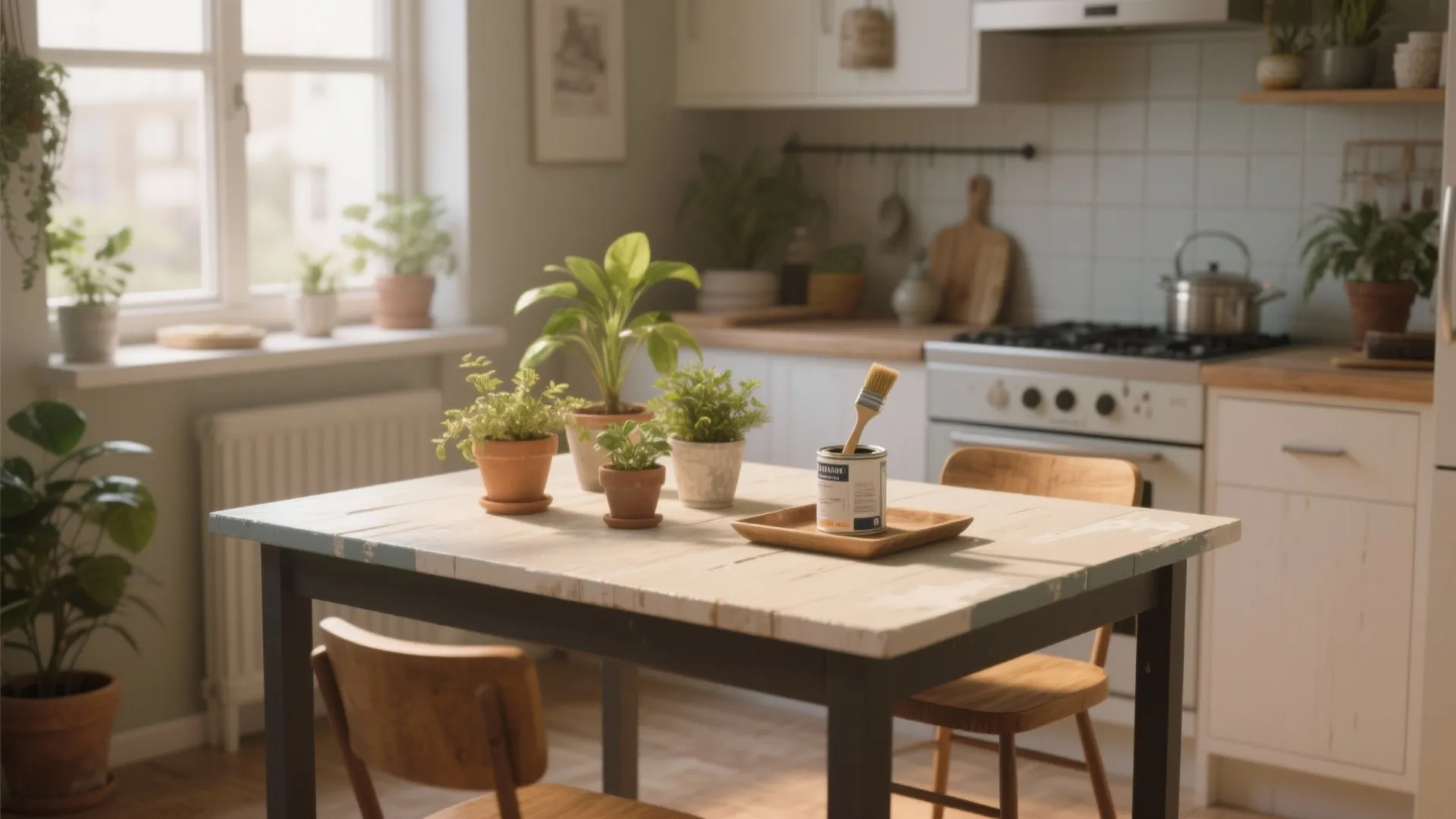 Small dining table with green potted plants and paint can in a sunny kitchen interior