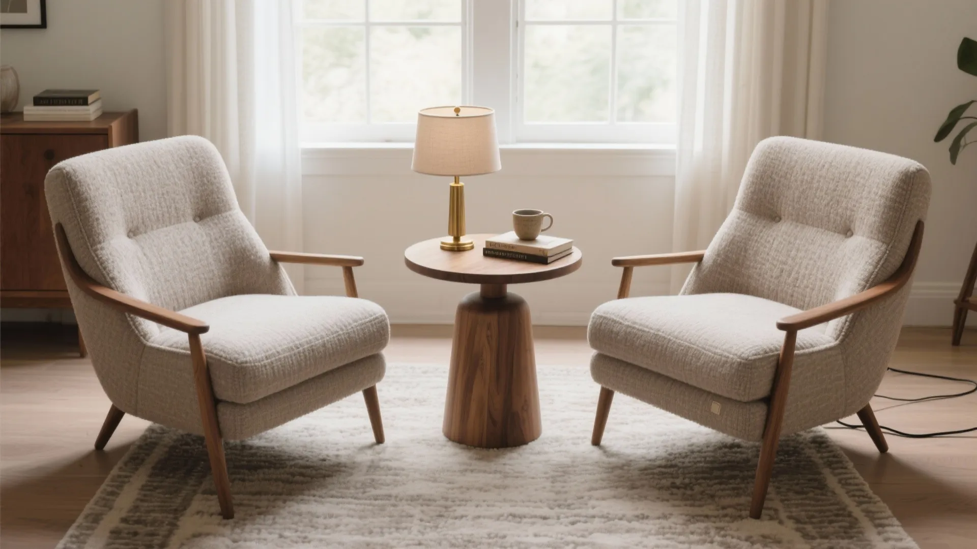 Two beige armchairs facing a small round wooden table with table lamp books and mug