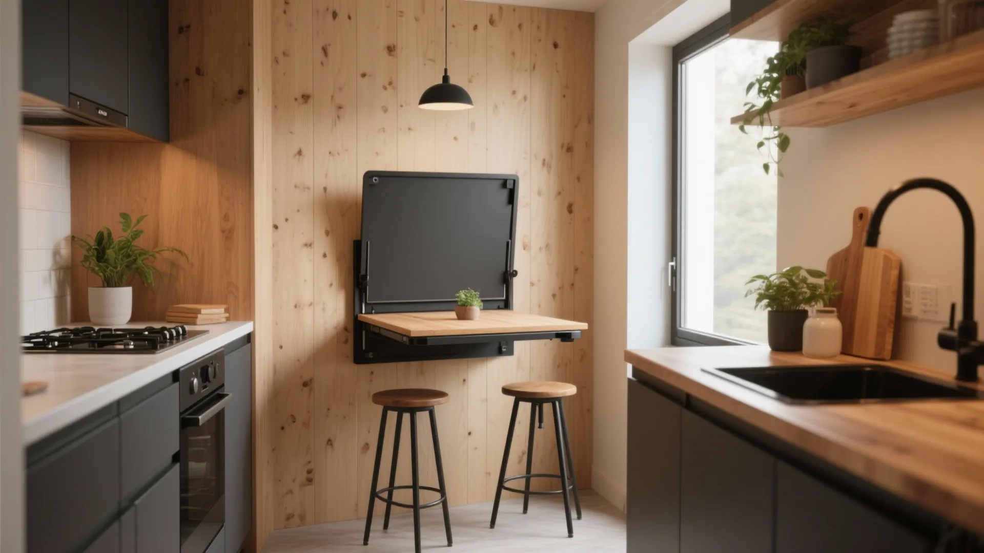 Small kitchen with wooden wall panel folding wall table two stools and black ceiling light