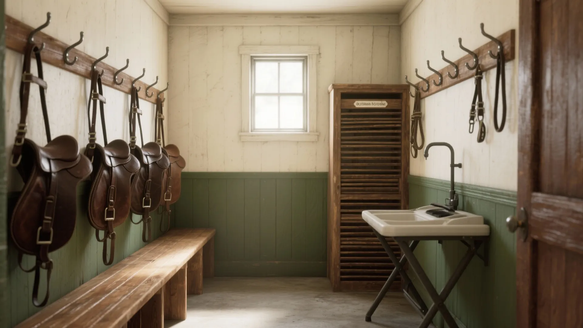 Rustic horse tack room featuring leather saddles on wall hooks and a vintage style wash sink