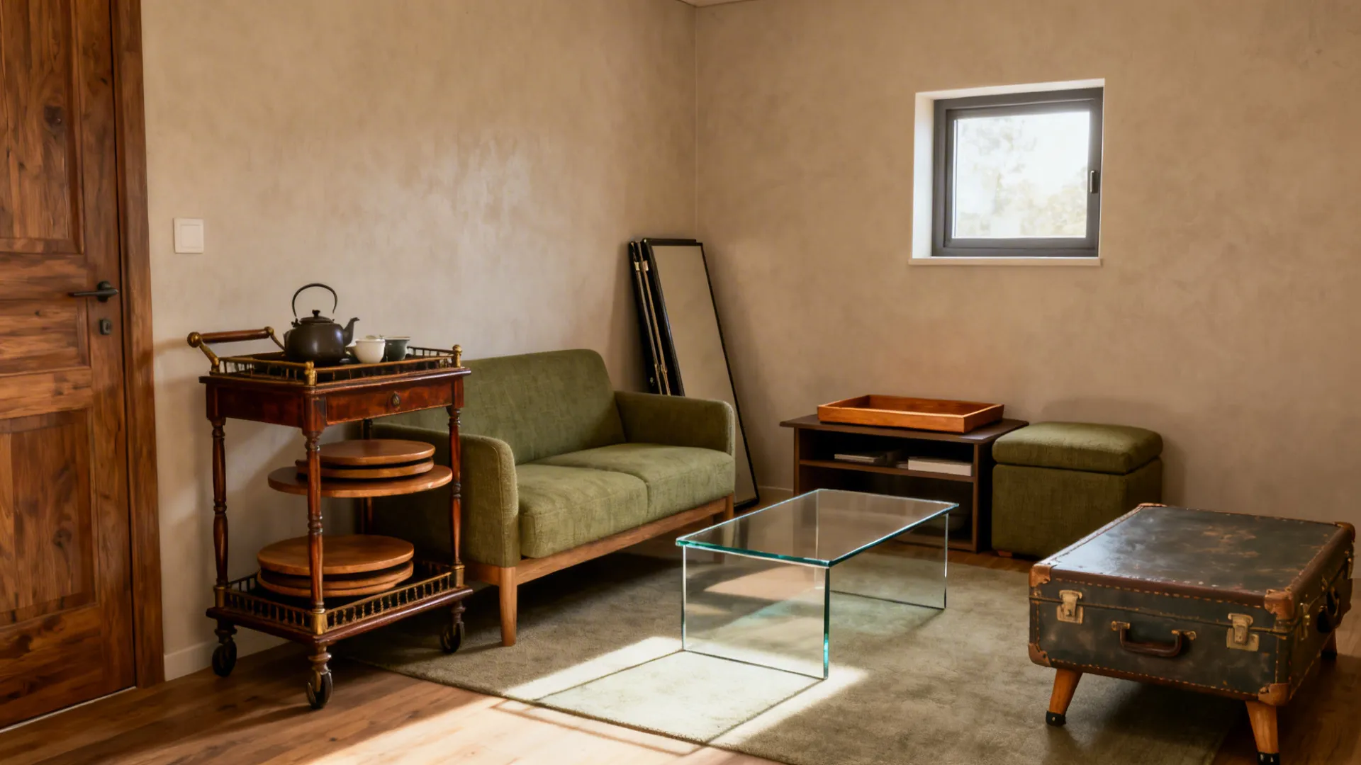 Small square side table with stone base being measured next to close-up shots of furniture