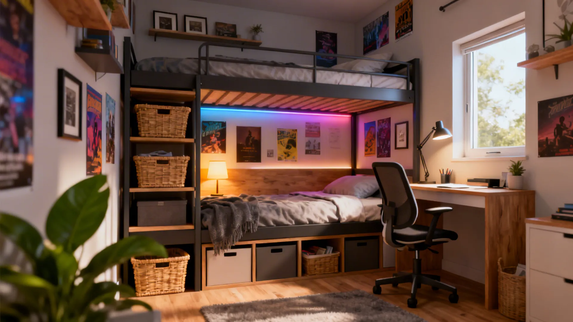Teen bedroom with metal bunk bed colorful wall posters wood desk and black office chair