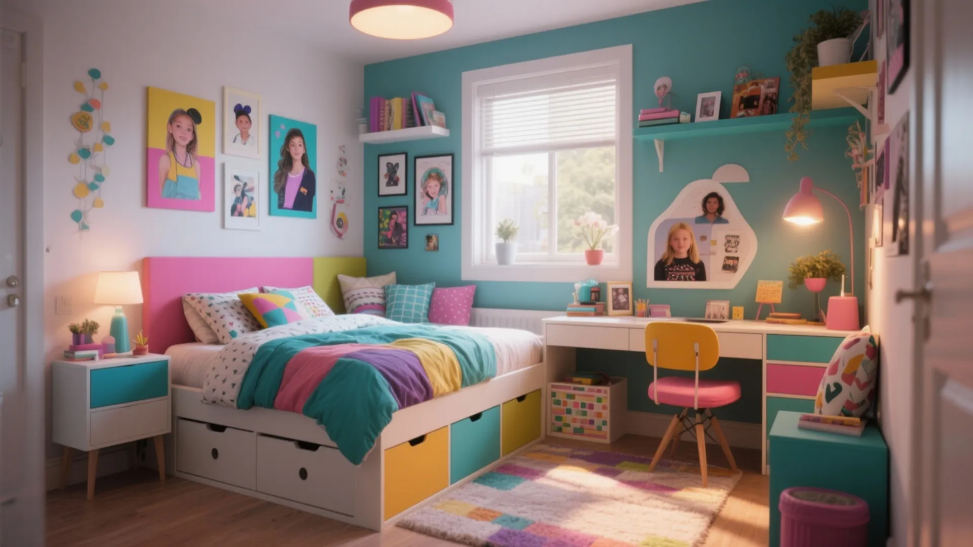 Colorful teen bedroom design with teal walls white desk yellow chair and brightly patterned bedspread