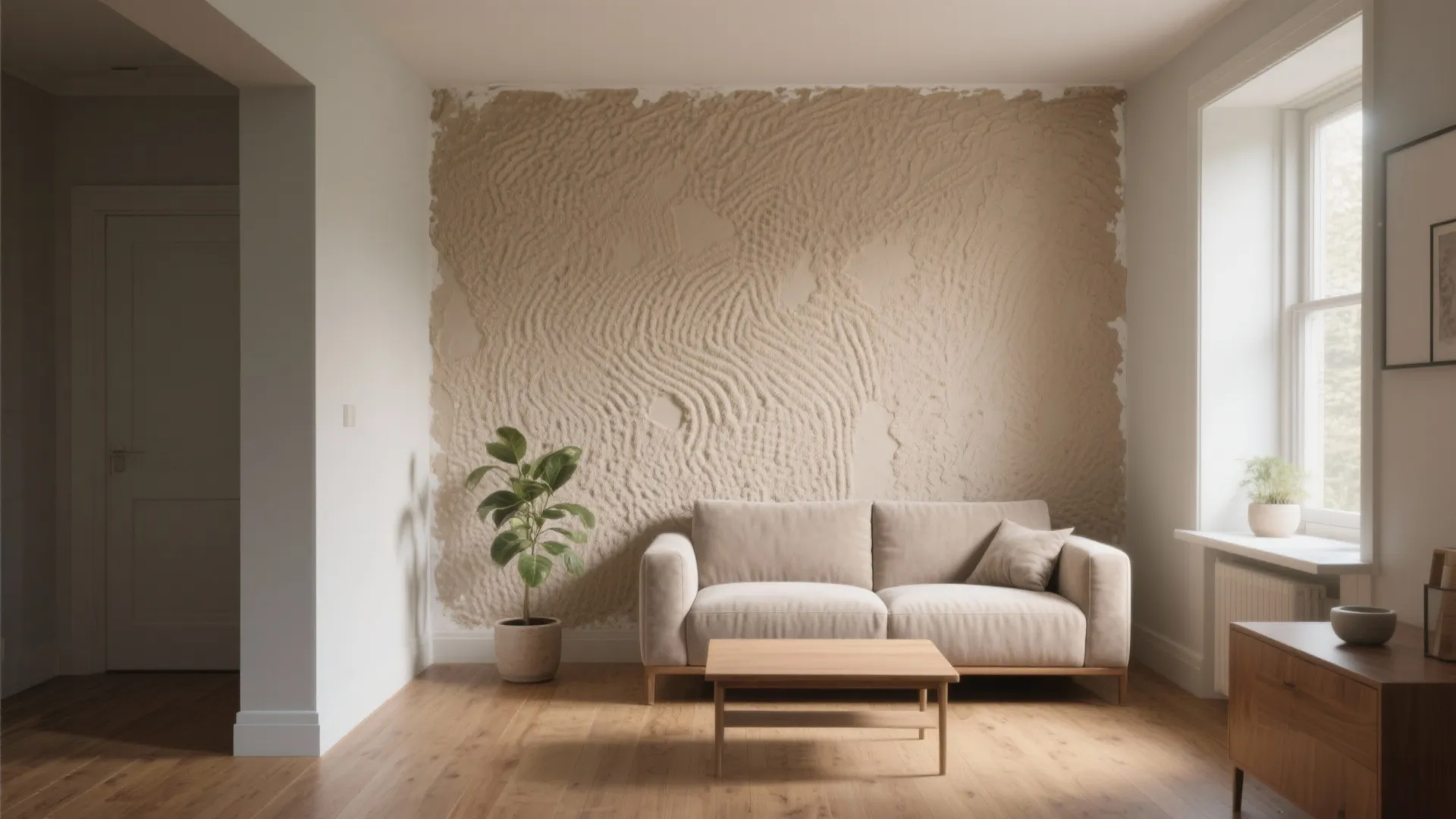Living room with beige sofa wooden coffee table textured wall panel potted plant and wood