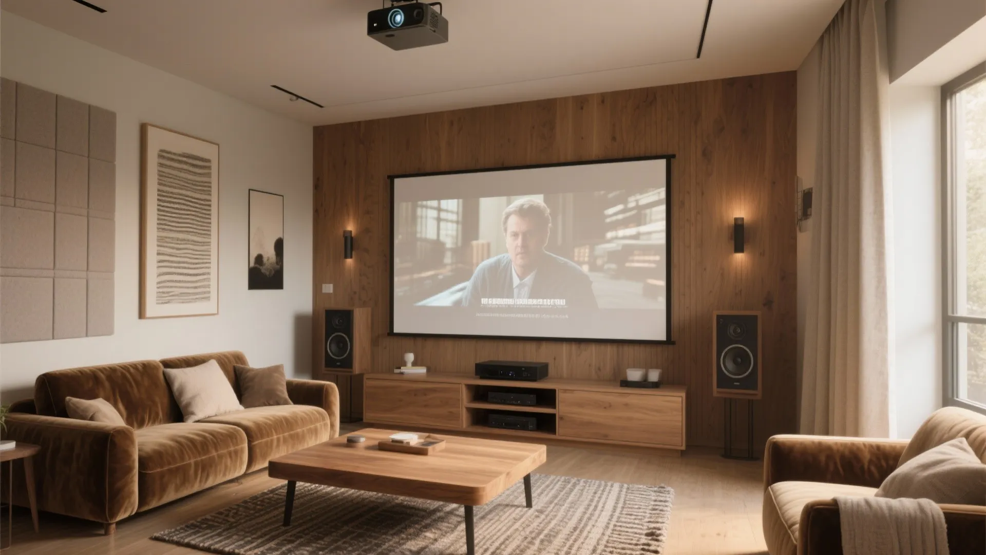Home theater with projector screen brown velvet sofa wooden coffee table and warm wall lights