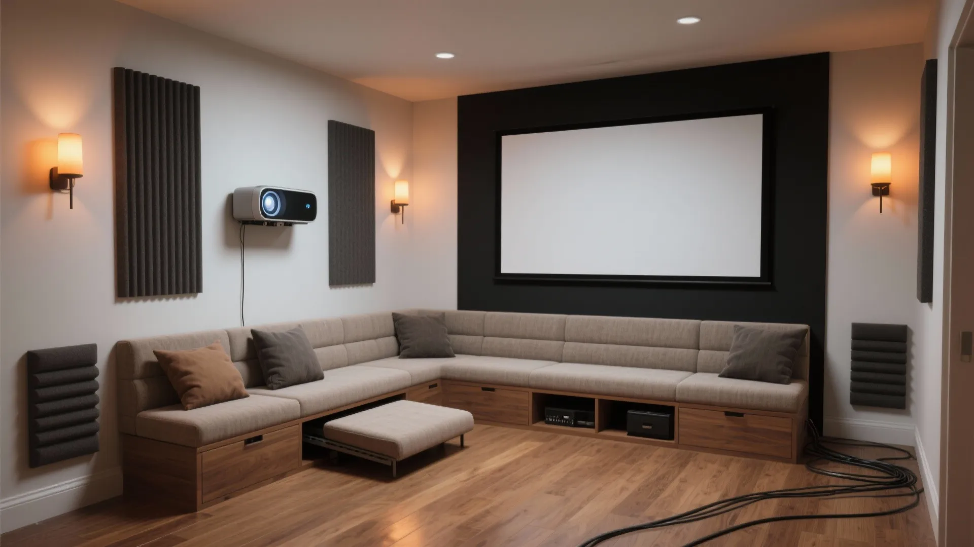 Home theater room with large corner sofa wooden floor wall lights and a projection screen