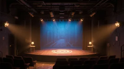Industrial Theater Stage Design with Dramatic Lighting