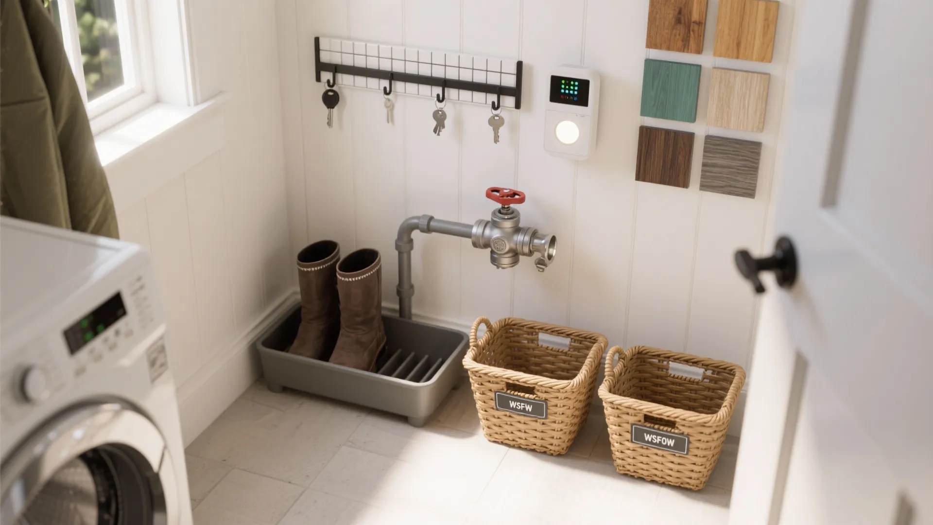 Laundry room utility area with washing machine boots in tray woven baskets and wall hooks