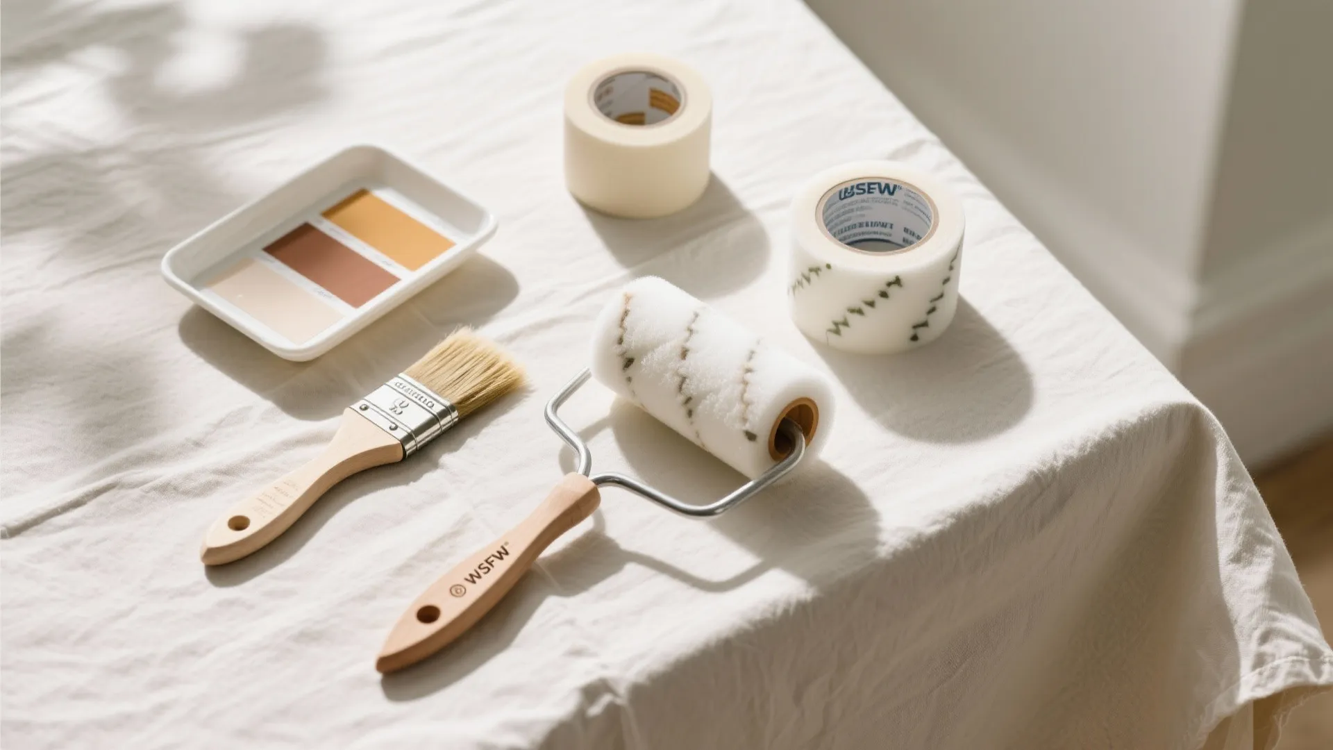 Flatlay of precision painting tools: angled brush, mini foam roller, travel brush, and painter's tape.