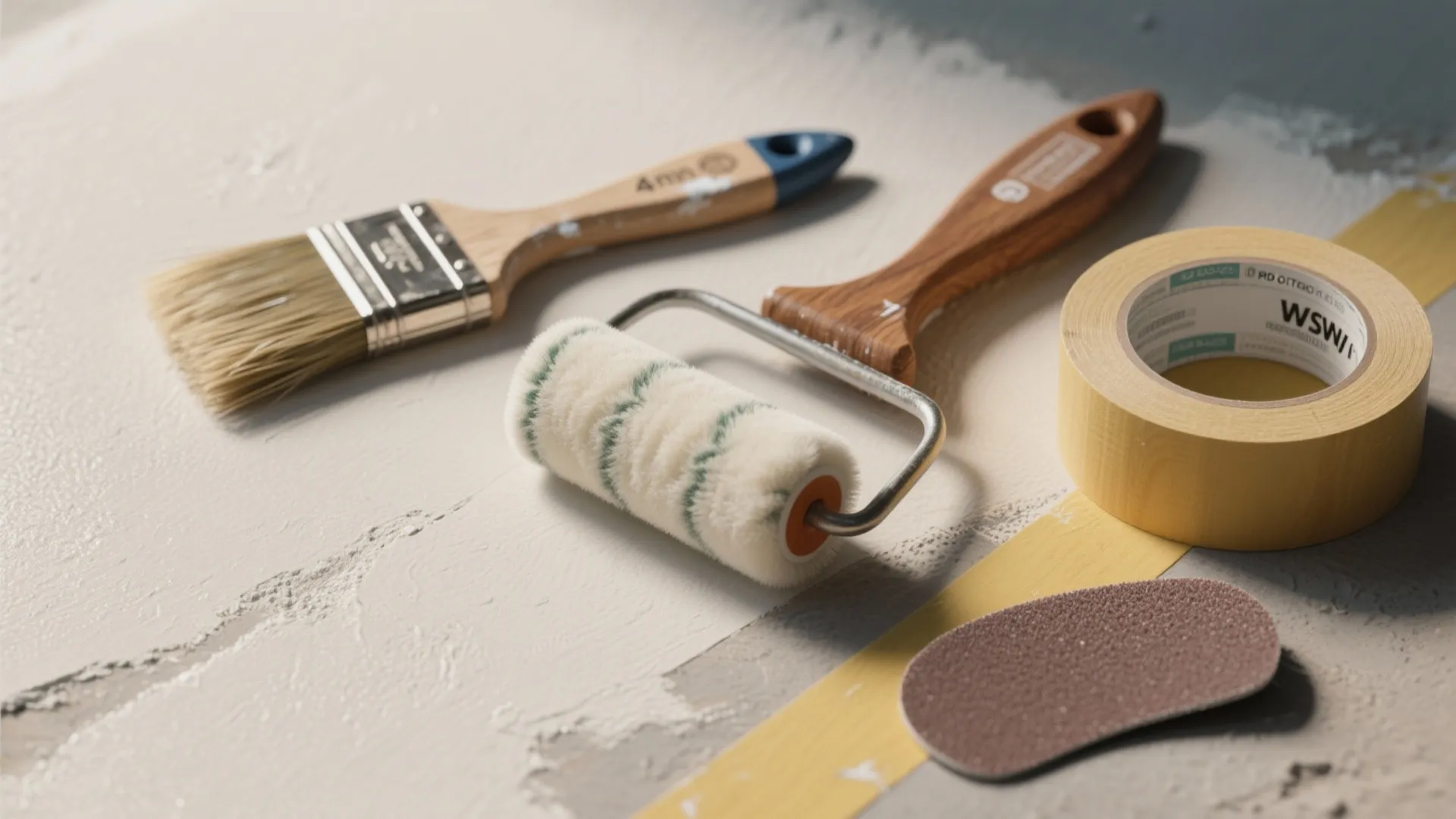 Painting tools including paint brush paint roller yellow masking tape and sandpaper on a white surface