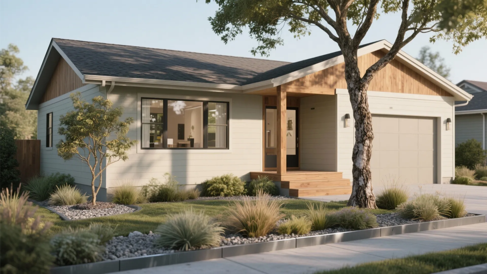 Modern small house with light walls wooden porch green lawn small bushes and large tree