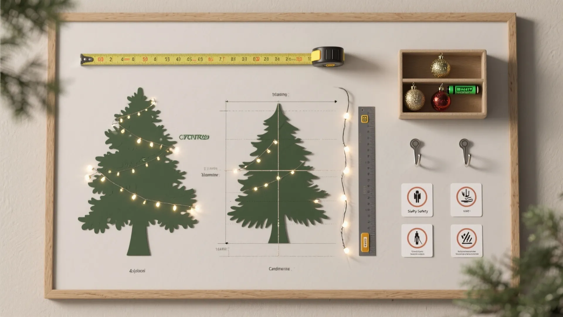 Christmas tree design plan showing two green trees with light strings and measuring tape tools