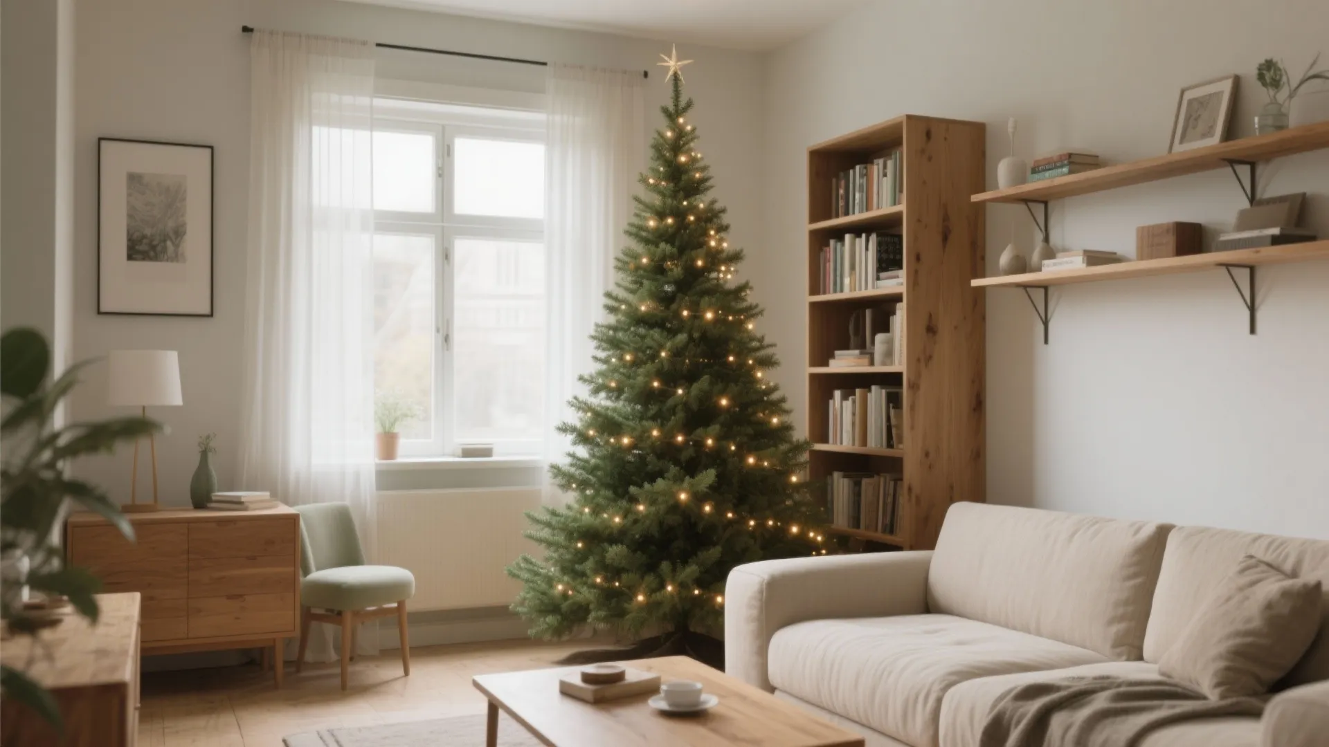 Cozy living room with a glowing Christmas tree beside a wooden bookshelf and white sofa