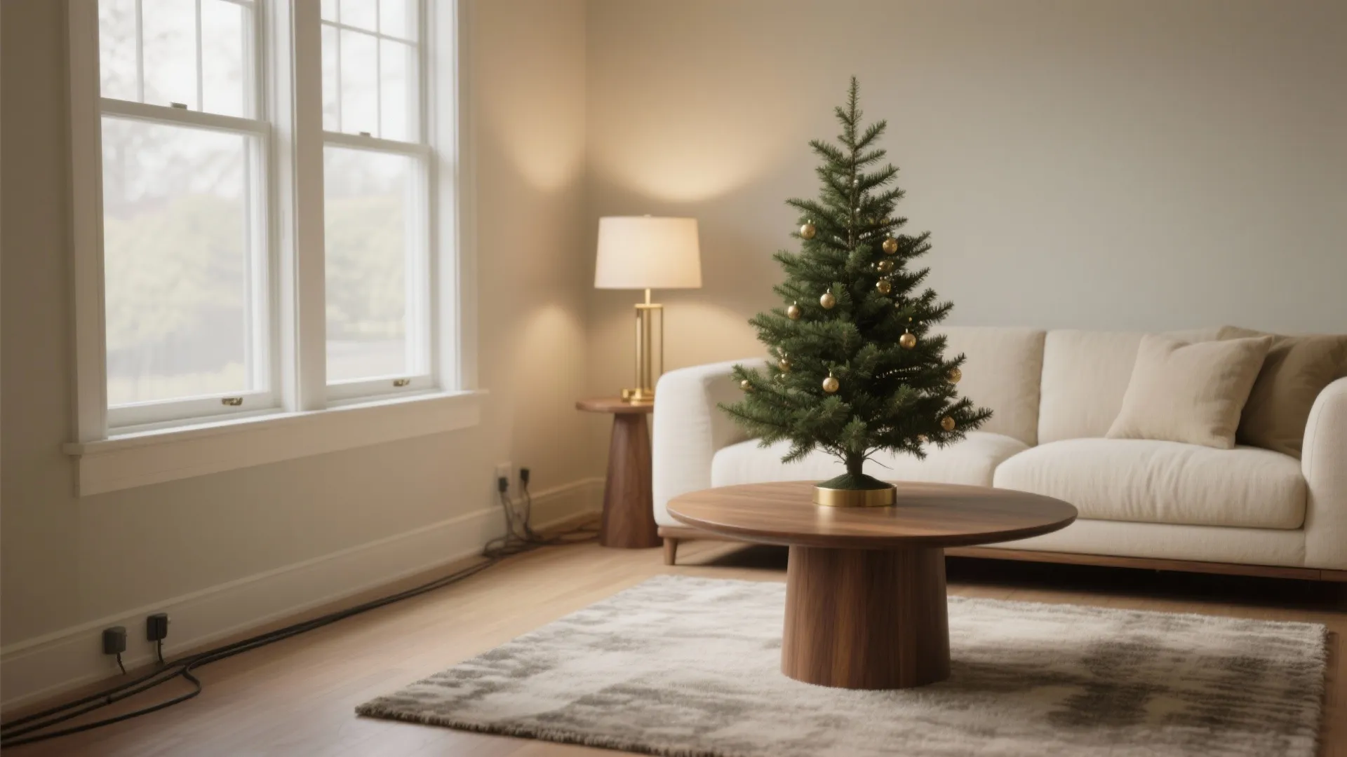 Small green Christmas tree with gold ornaments on wooden coffee table in cozy living room