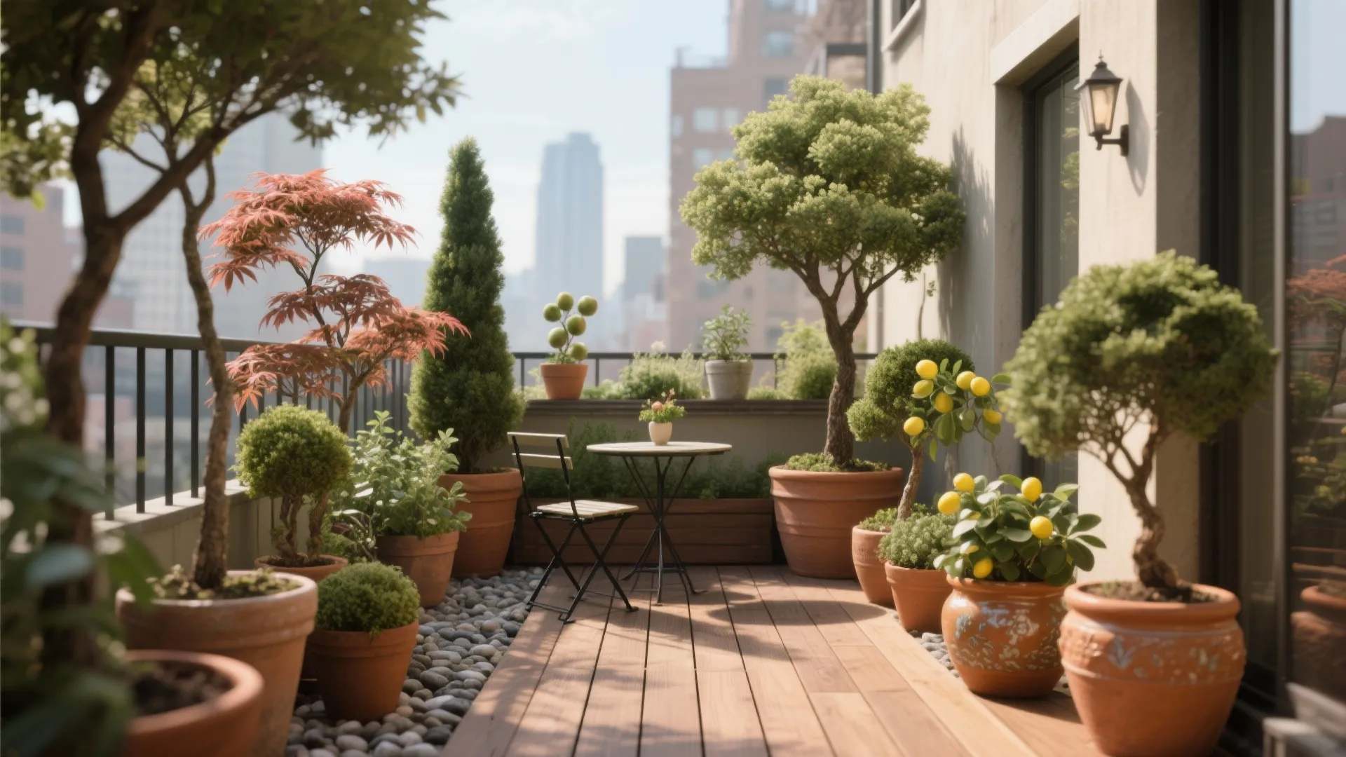 Modern balcony garden with potted trees small table chairs wood flooring and city view in background
