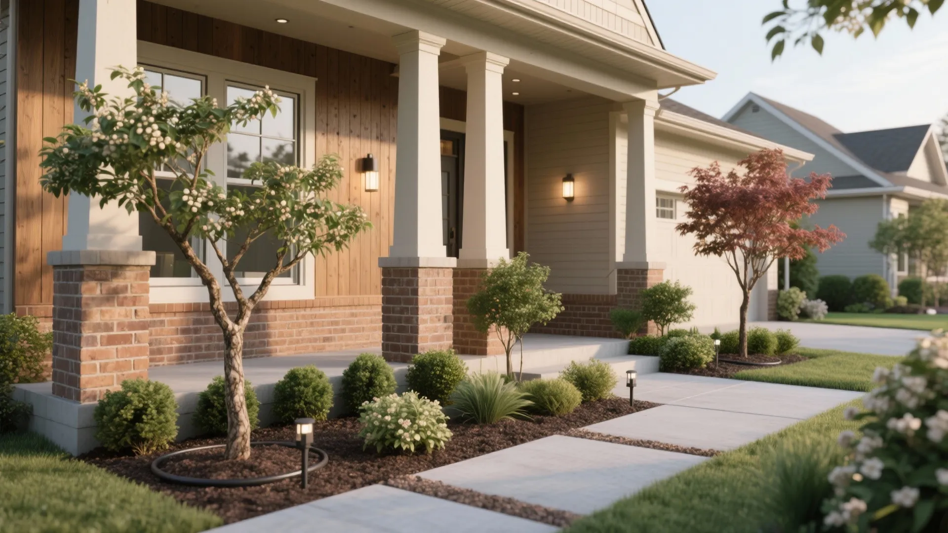 Front porch house entrance with white columns brick base small flowering trees and outdoor walkway lights