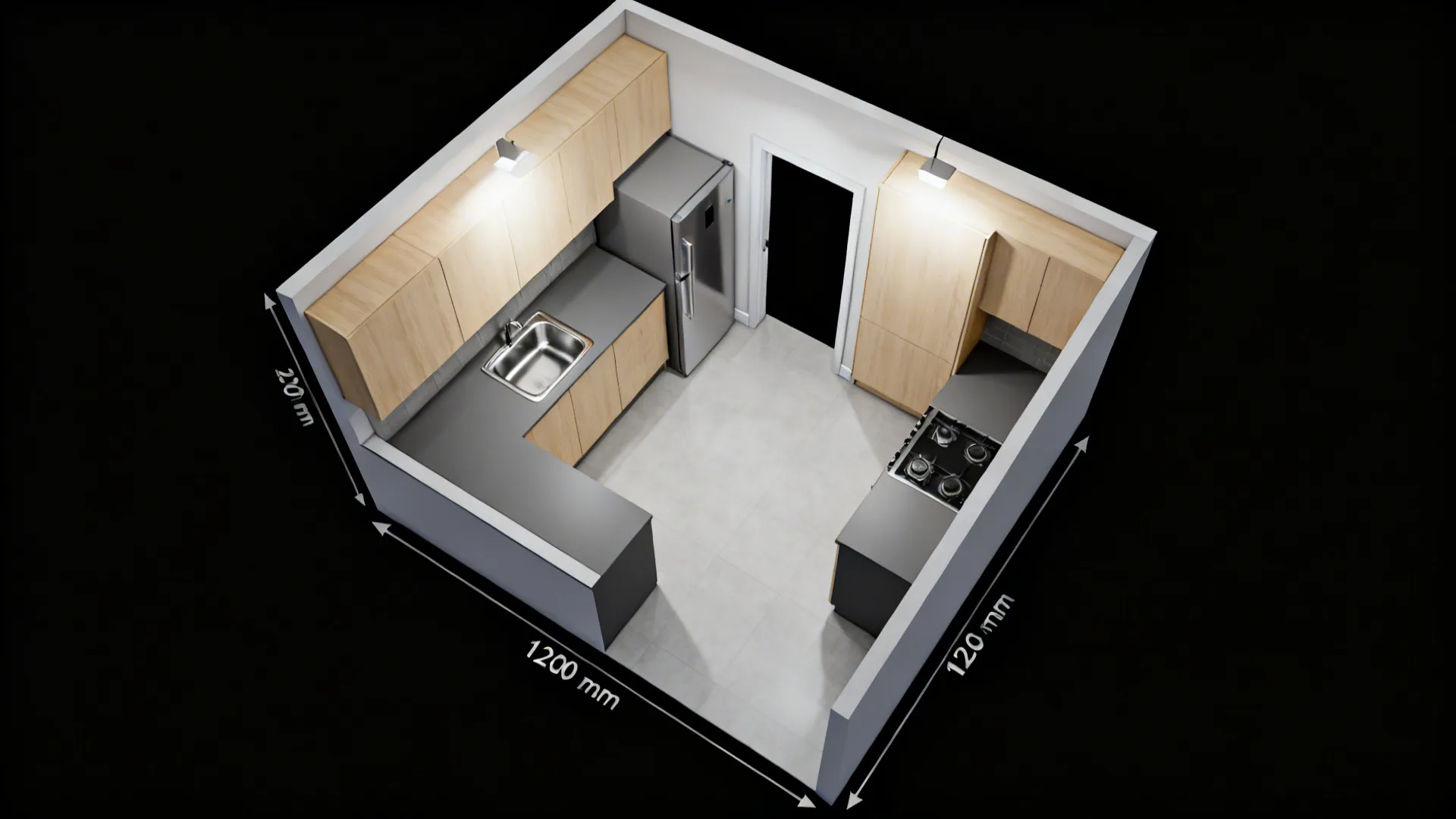 Top-down view of a compact kitchen with a clear sink–fridge–cooktop triangle and wide aisle.