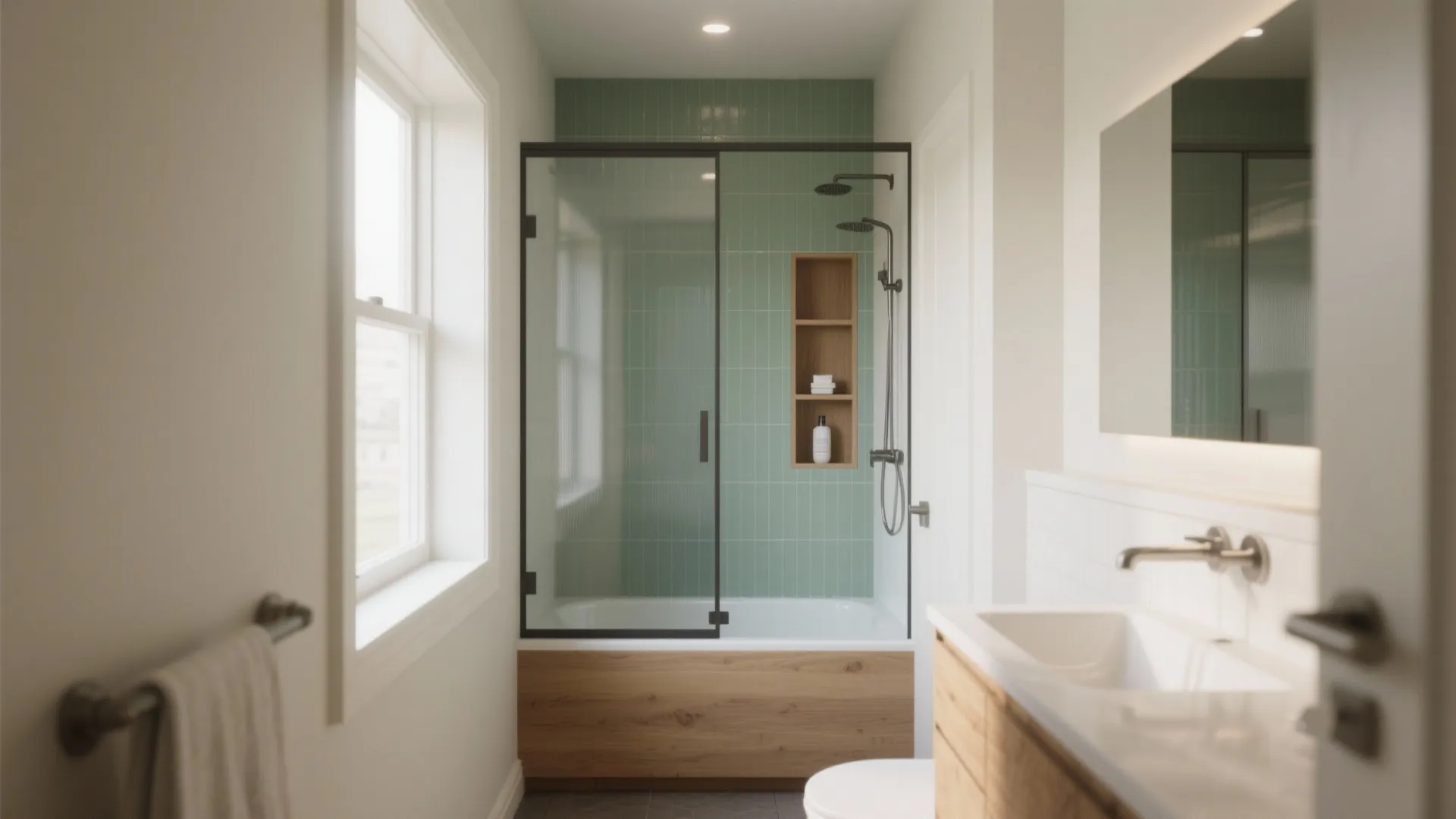 Small bathroom layout with green wall tiles bathtub shower glass door and wood storage cabinet