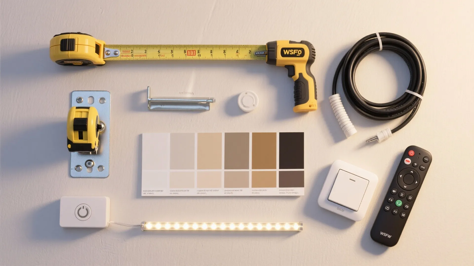 Flatlay of tools and materials for small TV setup: mount, stud finder, sleeves, LEDs, dimmer, and neutral paints.