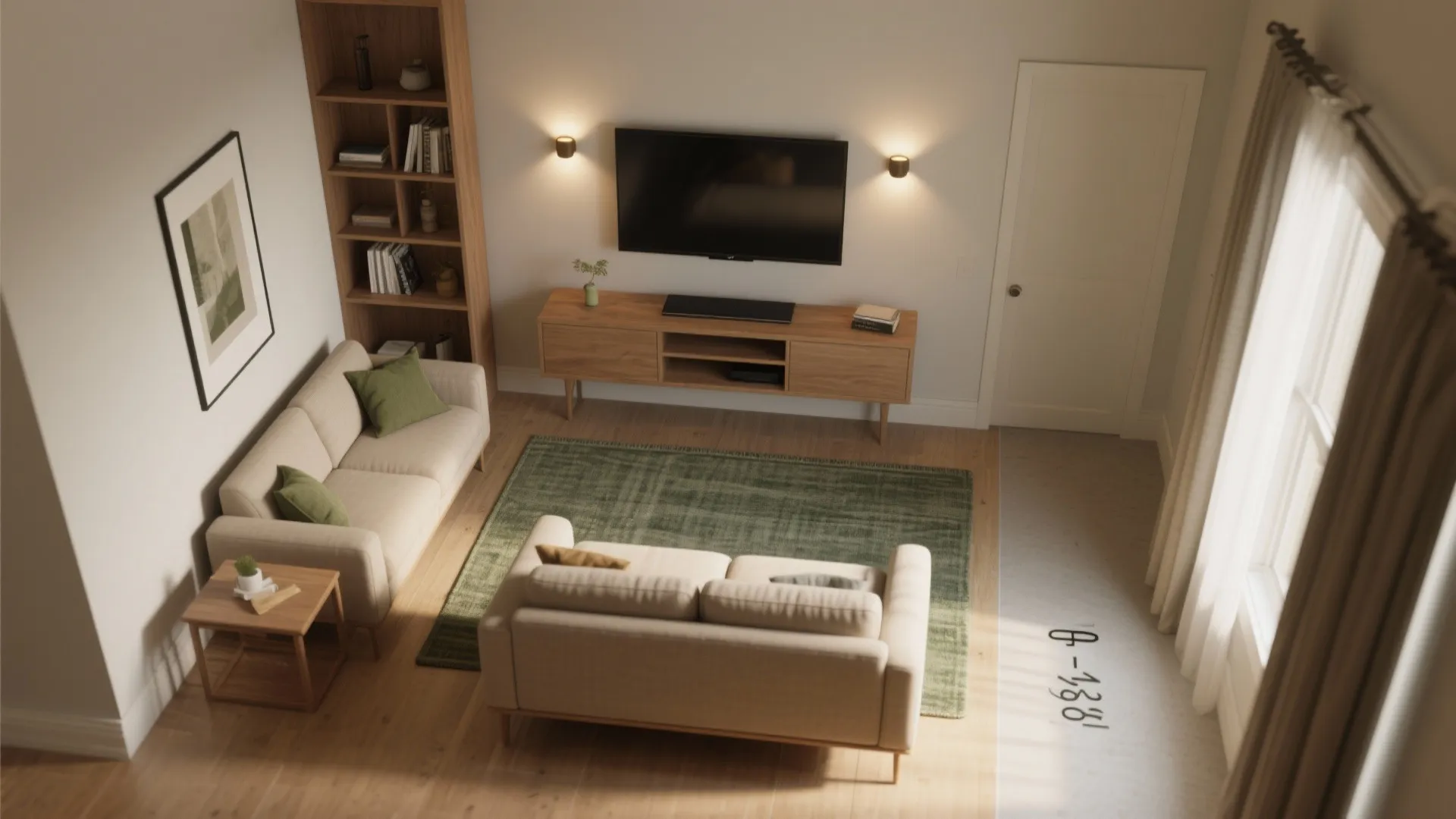 Top view of living room with two beige sofas green rug wooden cabinet and wall lights