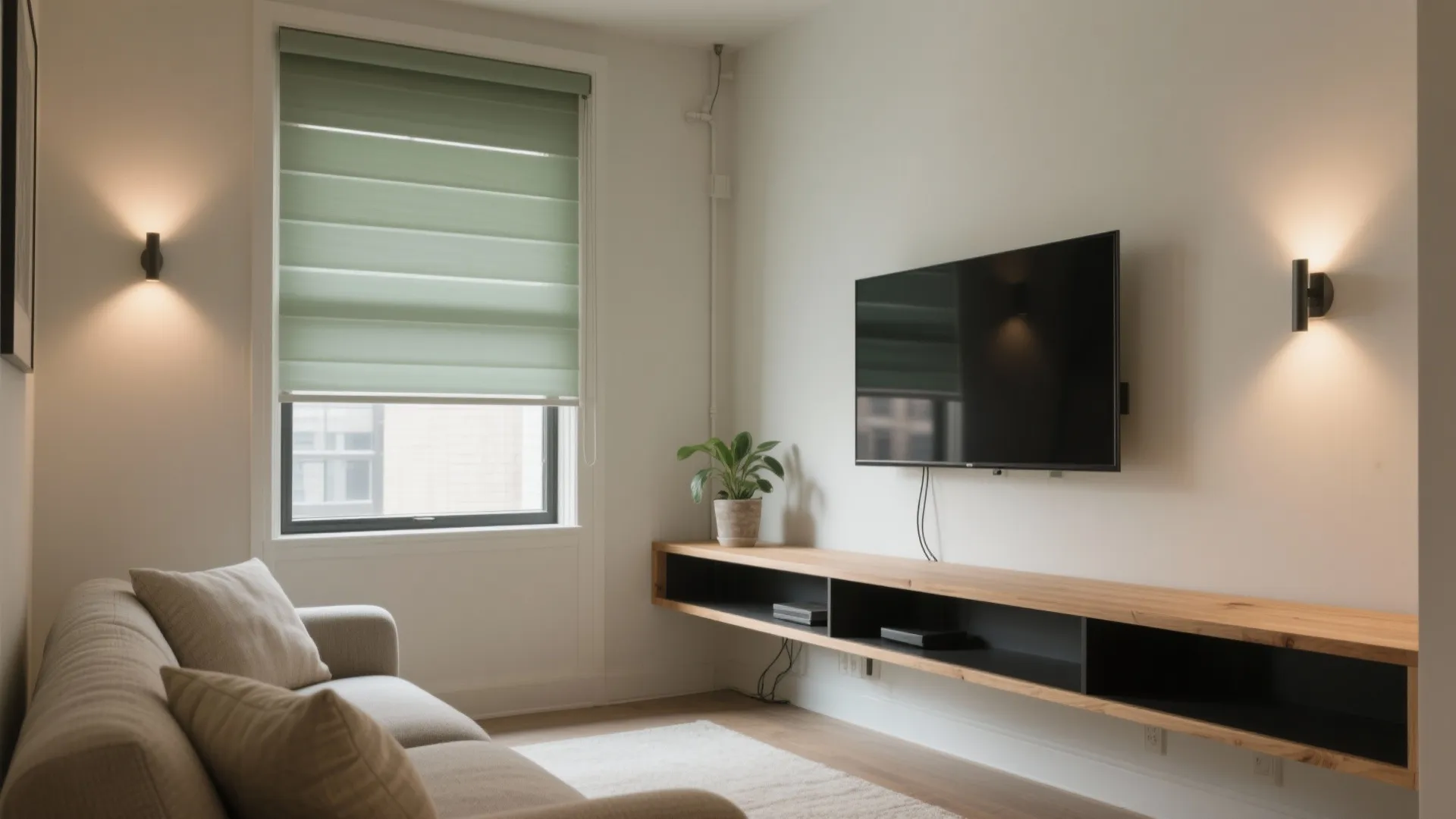 Minimalist living room with wall mounted television over a floating wooden shelf and wall lights