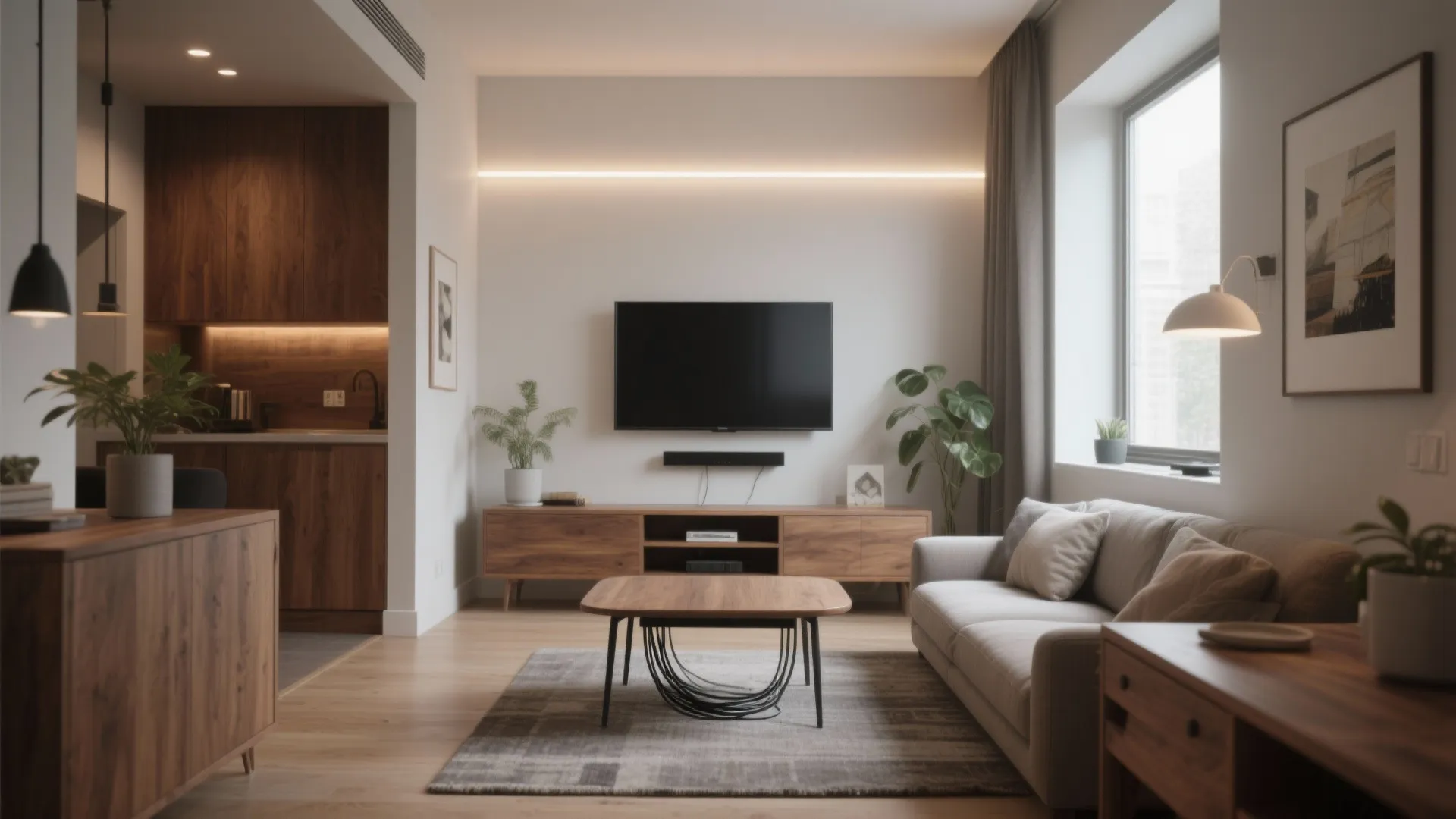 Modern living room with wall mounted television wooden cabinet beige sofa and dark wood kitchen cabinets