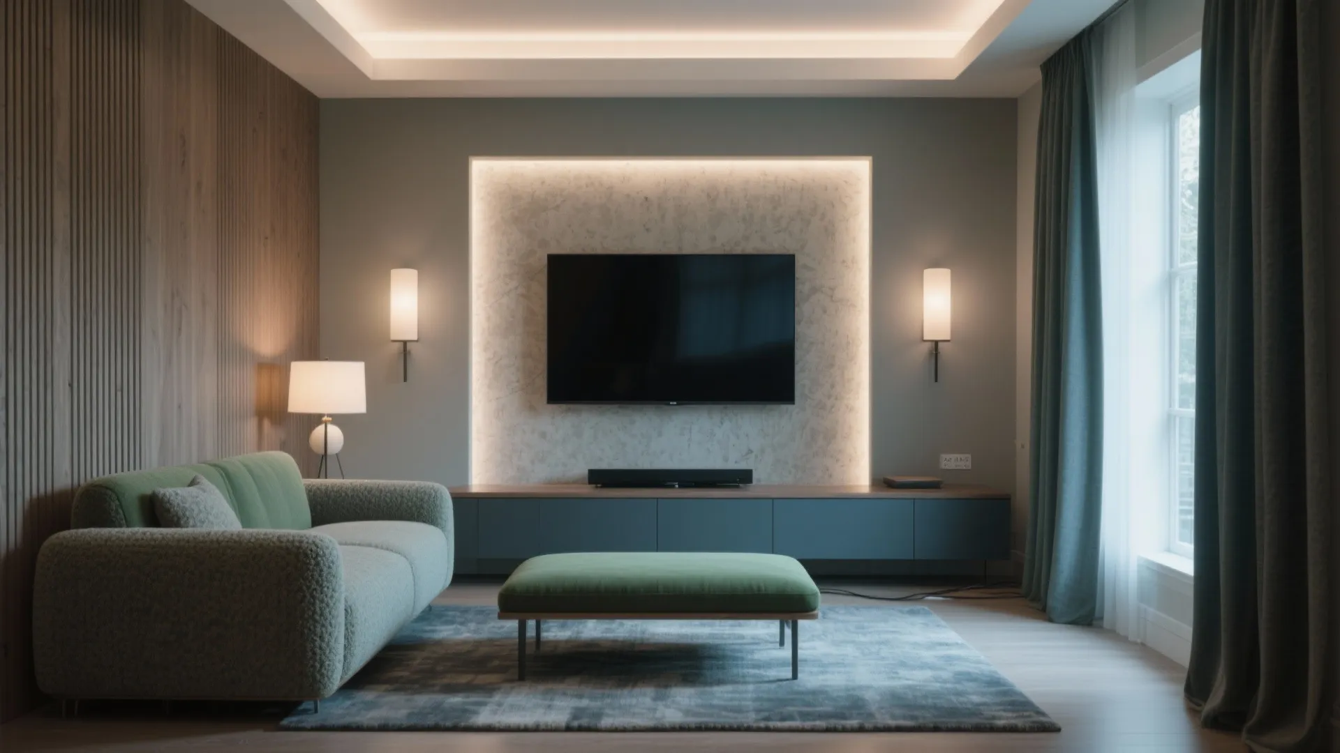 Modern small TV room with green sofa matching footrest blue cabinet and wall light fixtures