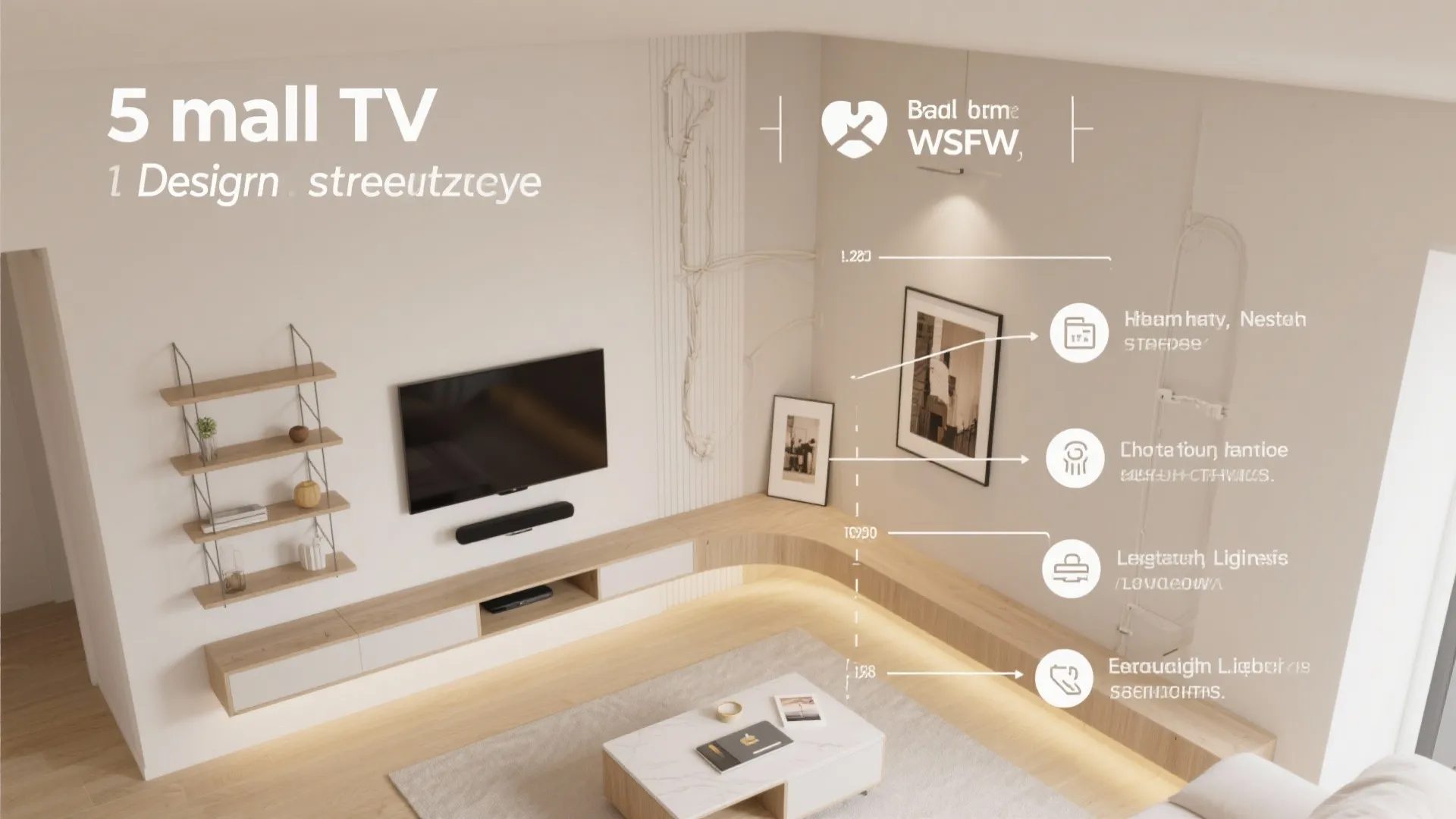 Top-down schematic summarizing scaled shelving, mounting, gallery wall, light backdrop, and layered lighting.