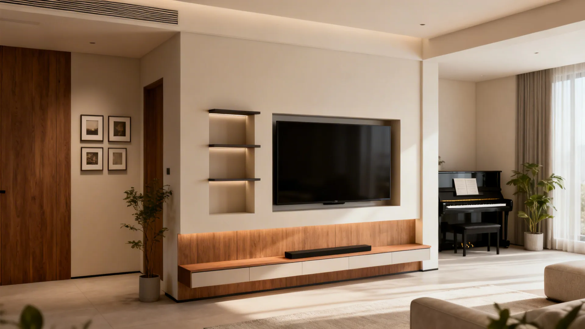 Modern living room featuring a recessed wall TV wood panel cabinet shelves and black piano