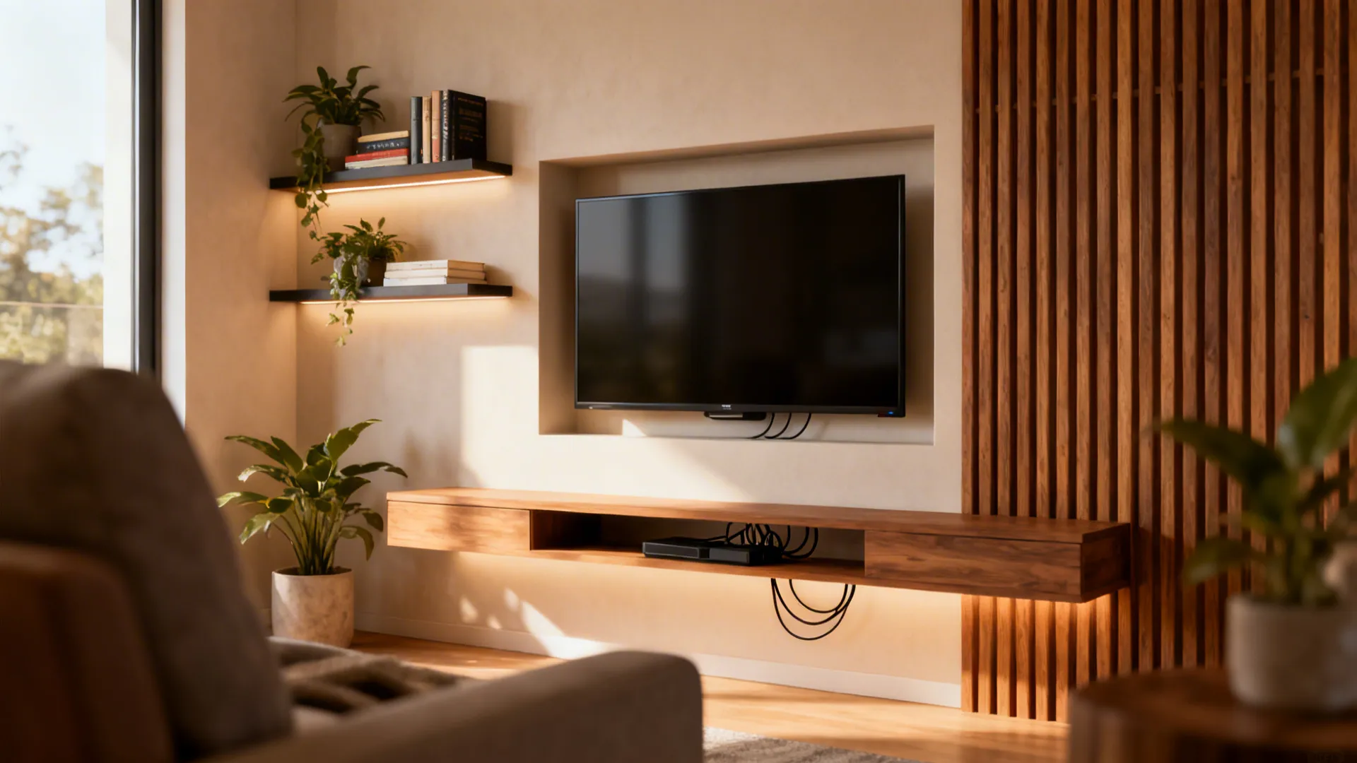 Flat screen television mounted inside wall niche above floating wooden shelf with warm under lighting