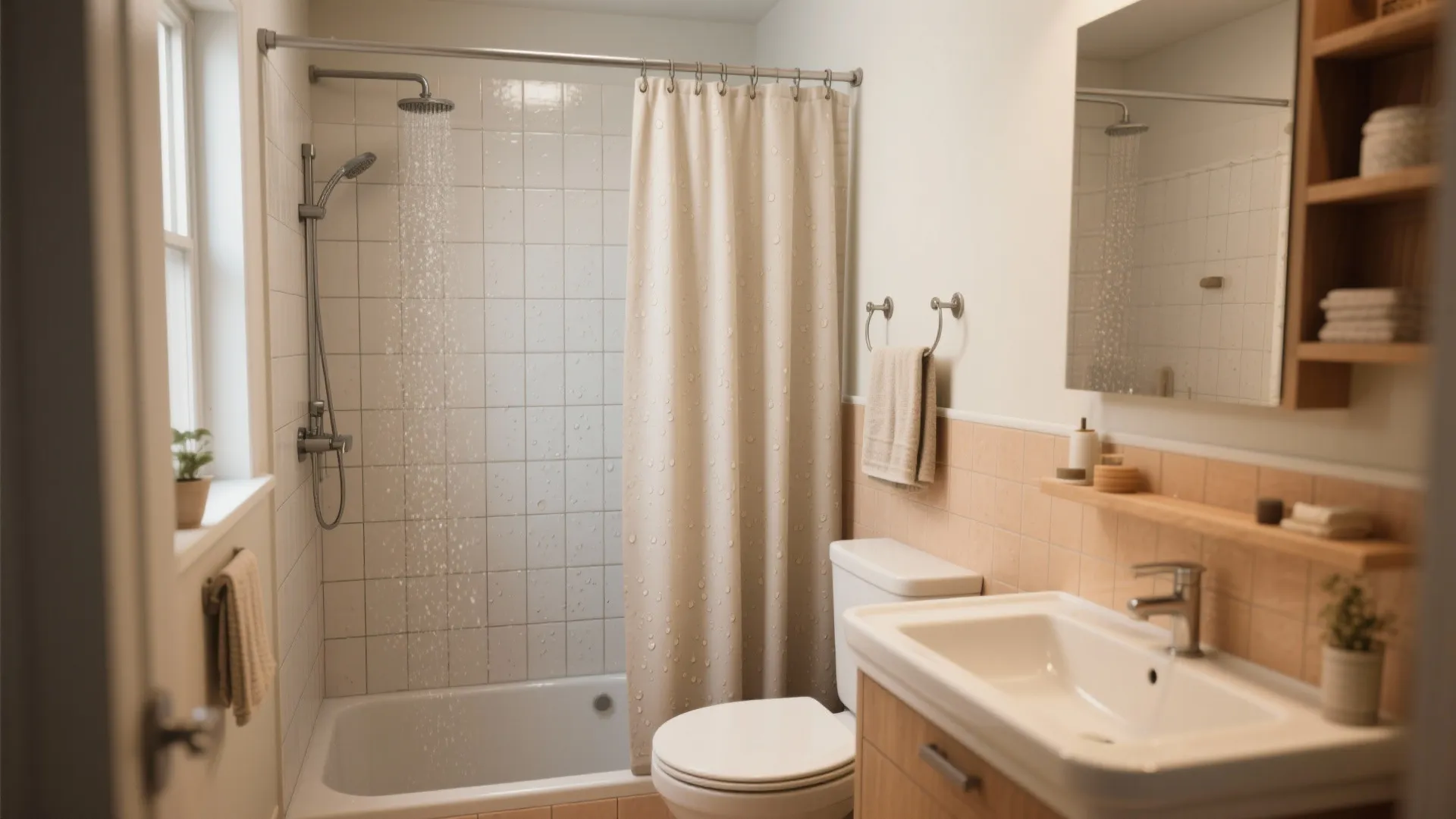 Small bathroom featuring a white bathtub with shower head plus a beige curtain and sink
