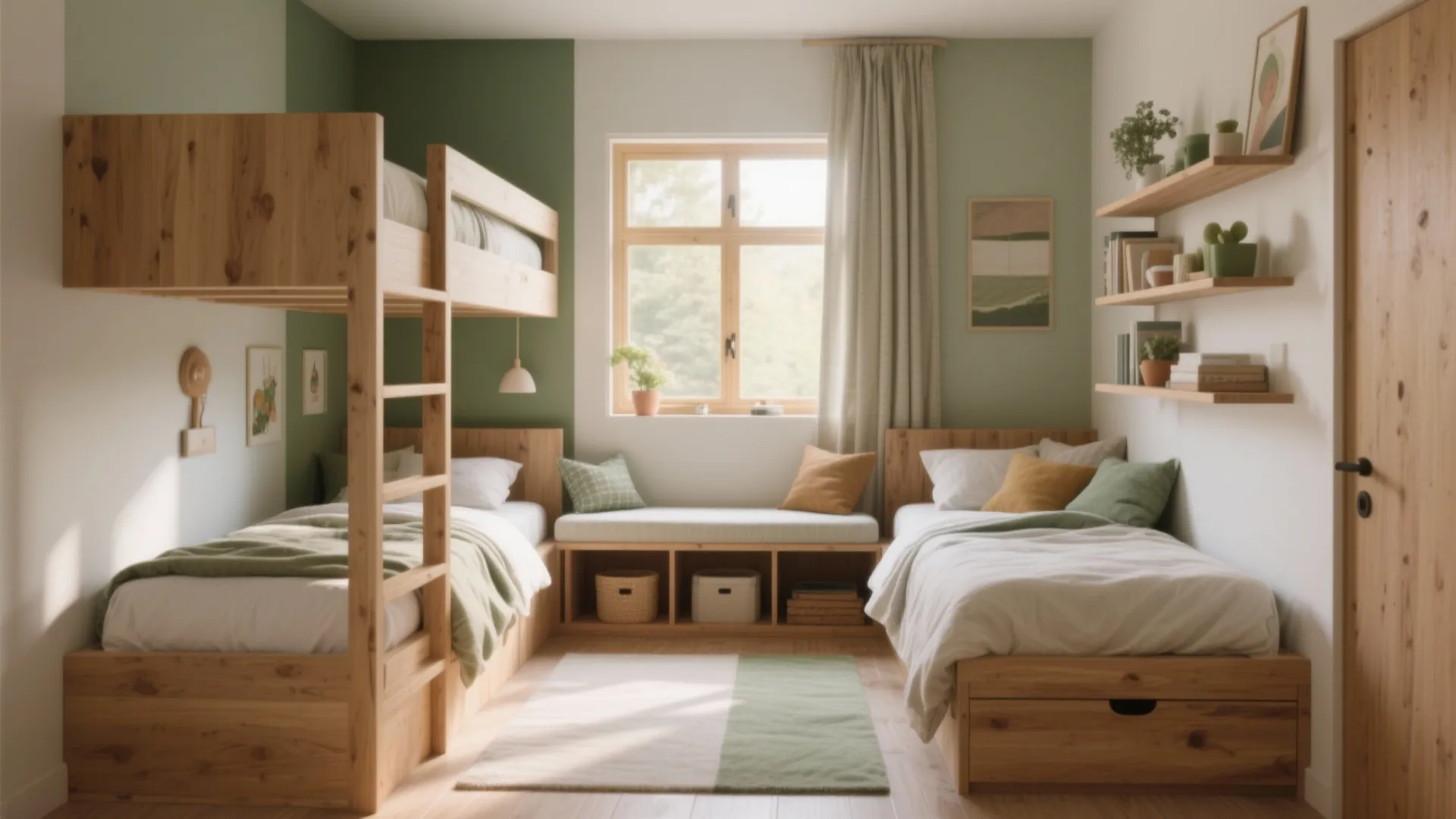 Modern shared kids bedroom with wooden bunk beds green accent wall window seat and wall shelves