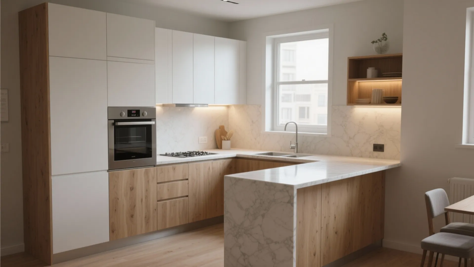 Modern U shaped kitchen design featuring wood cabinets white upper storage marble countertops and built-in oven