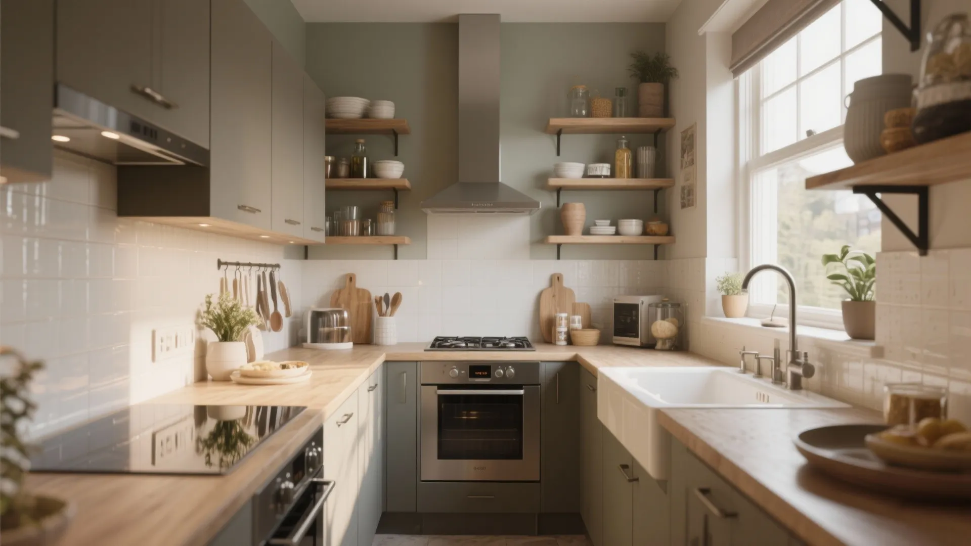 Small U-shaped kitchen with green cabinets wooden countertops stainless steel oven sink and open shelving