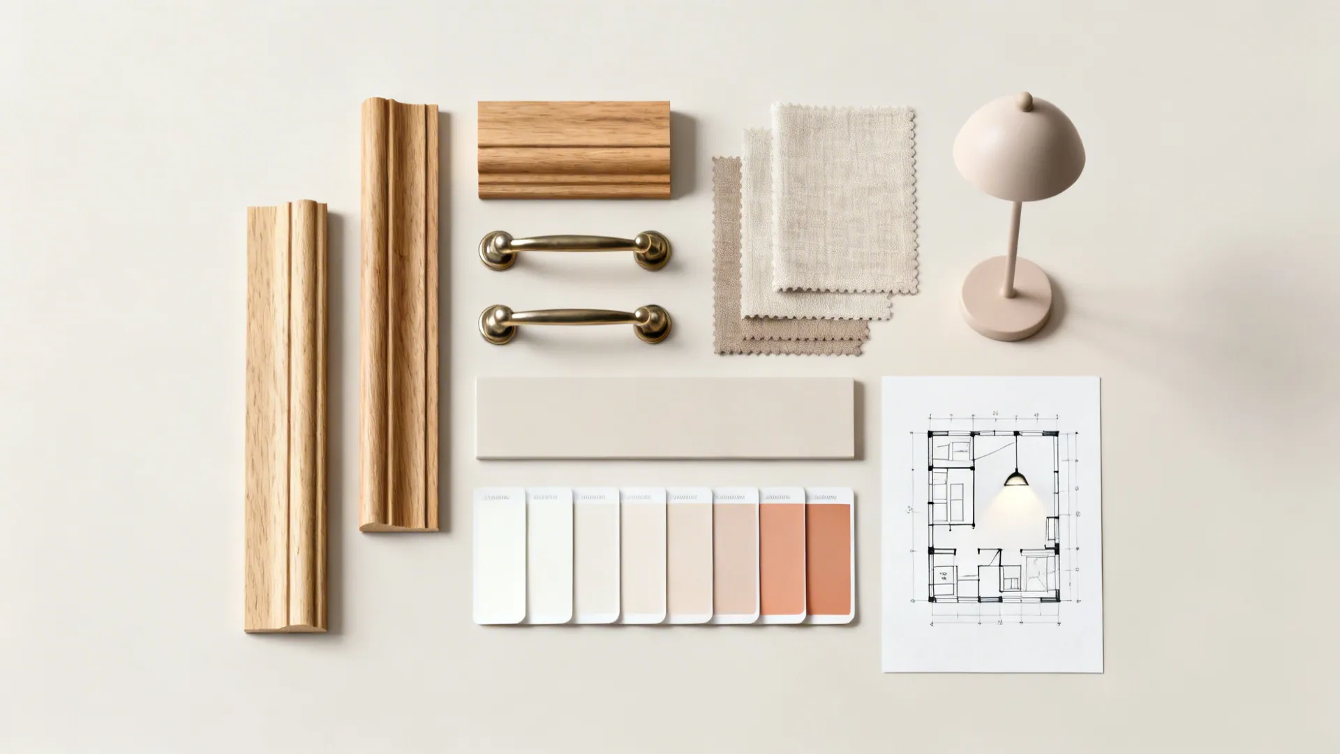 Flatlay of trim, hardware, fabric swatches and paint chips for small-space upgrades