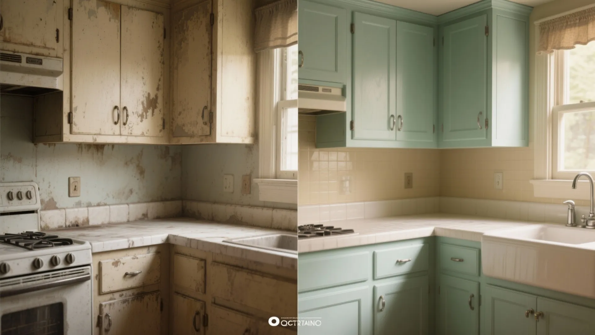 Before-and-after of a kitchen corner showing replaced trim, new hardware, and fresh paint transforming the space.