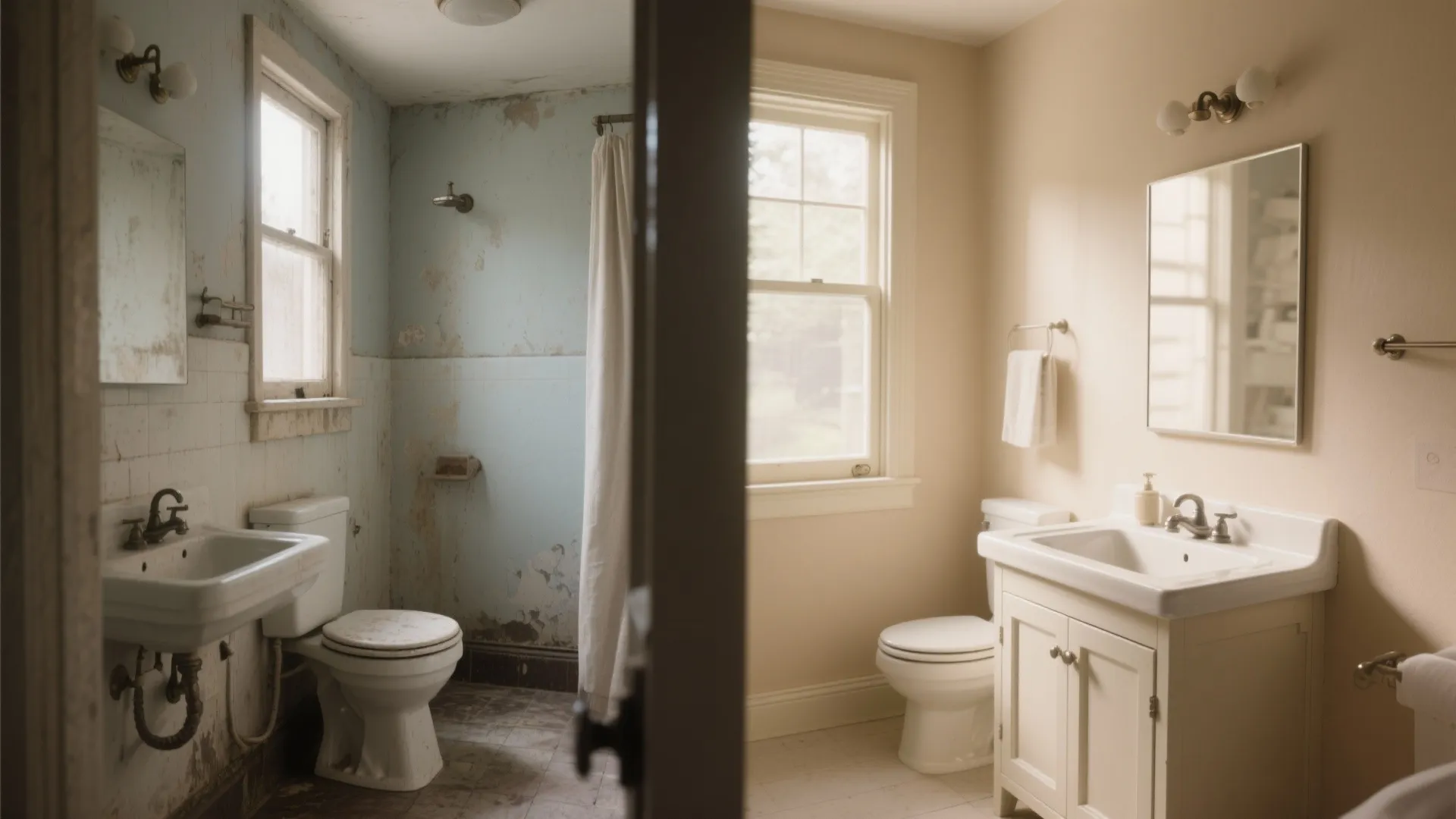 Comparison of a small bathroom before and after paint and hardware upgrades, showing bigger visual impact.