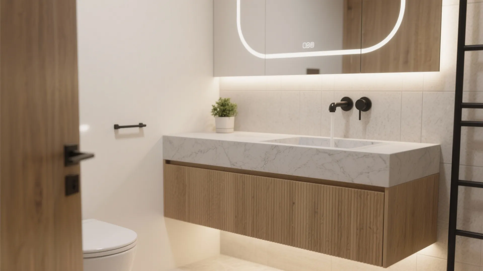 Modern bathroom with a wood cabinet, marble sink, black wall faucet, and a glowing mirror