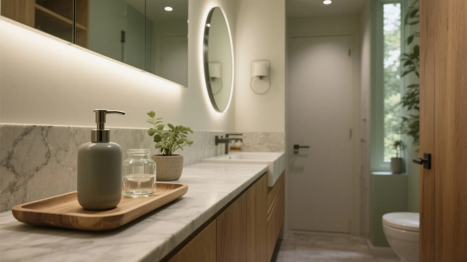 Modern bathroom with marble counter wooden cabinet round mirror and white door in the background