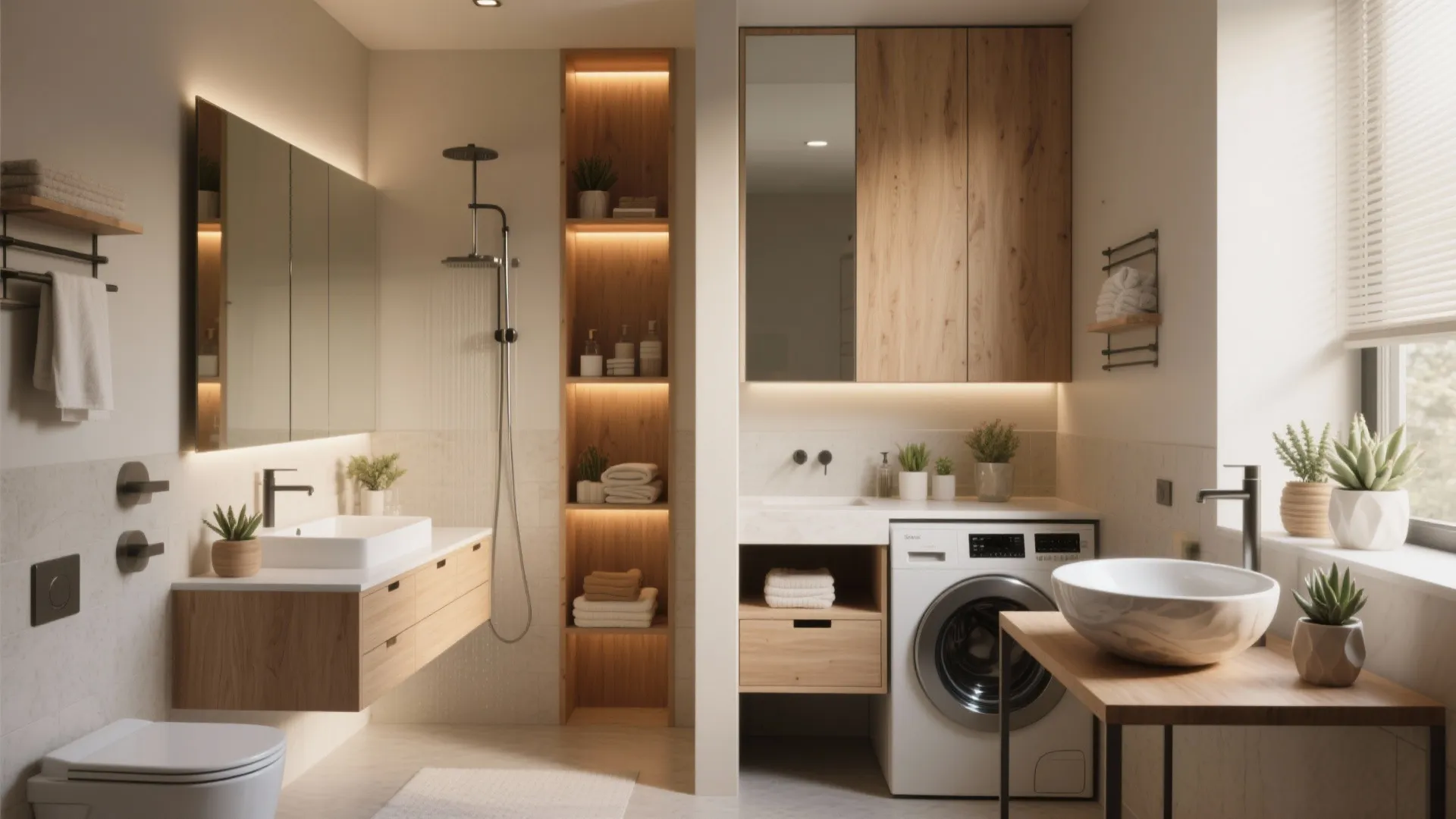 Functional bathroom layout with wooden cabinets washing machine shower area and multiple white ceramic sinks